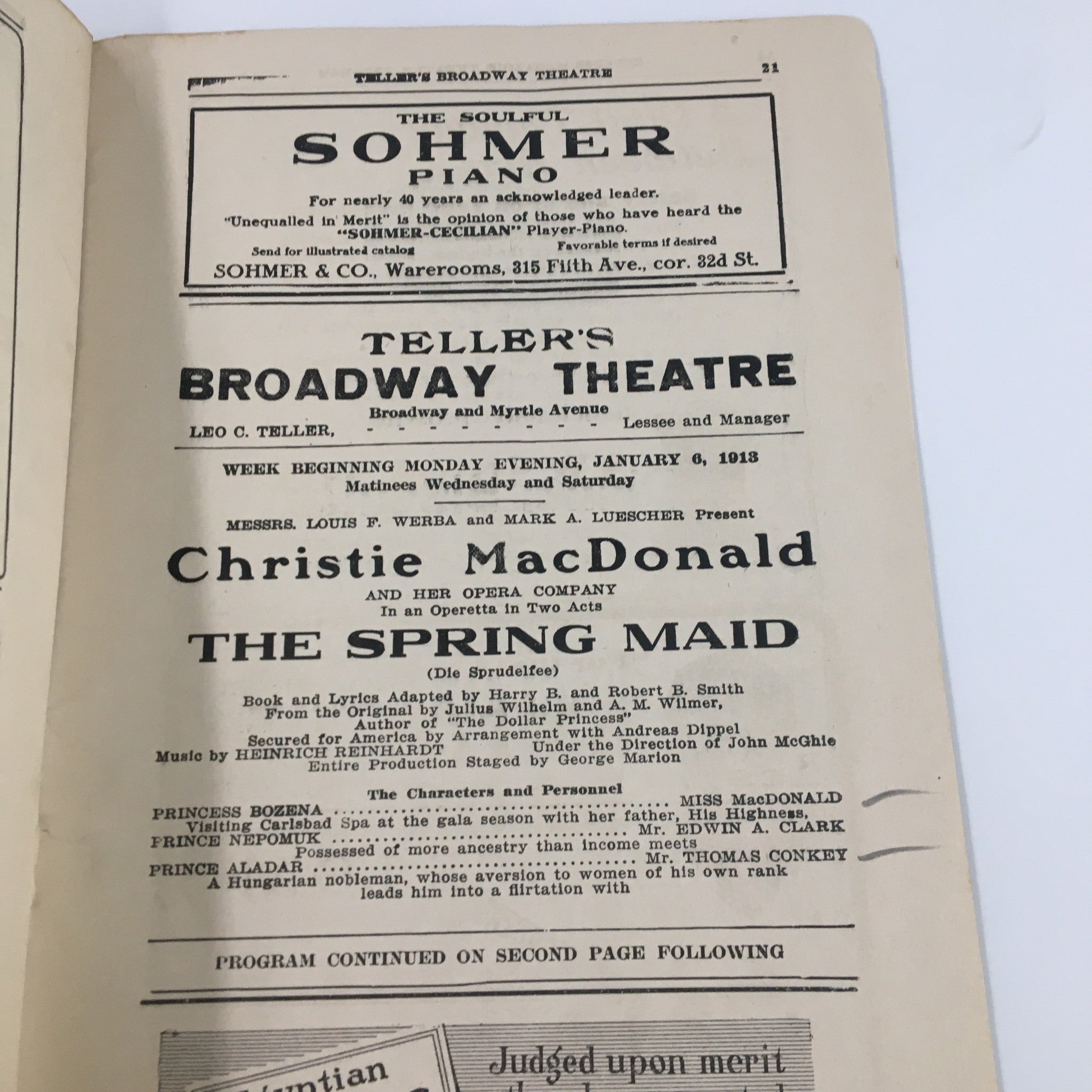 1913 Teller's Broadway Theatre Christie MacDonald in The Spring Maid