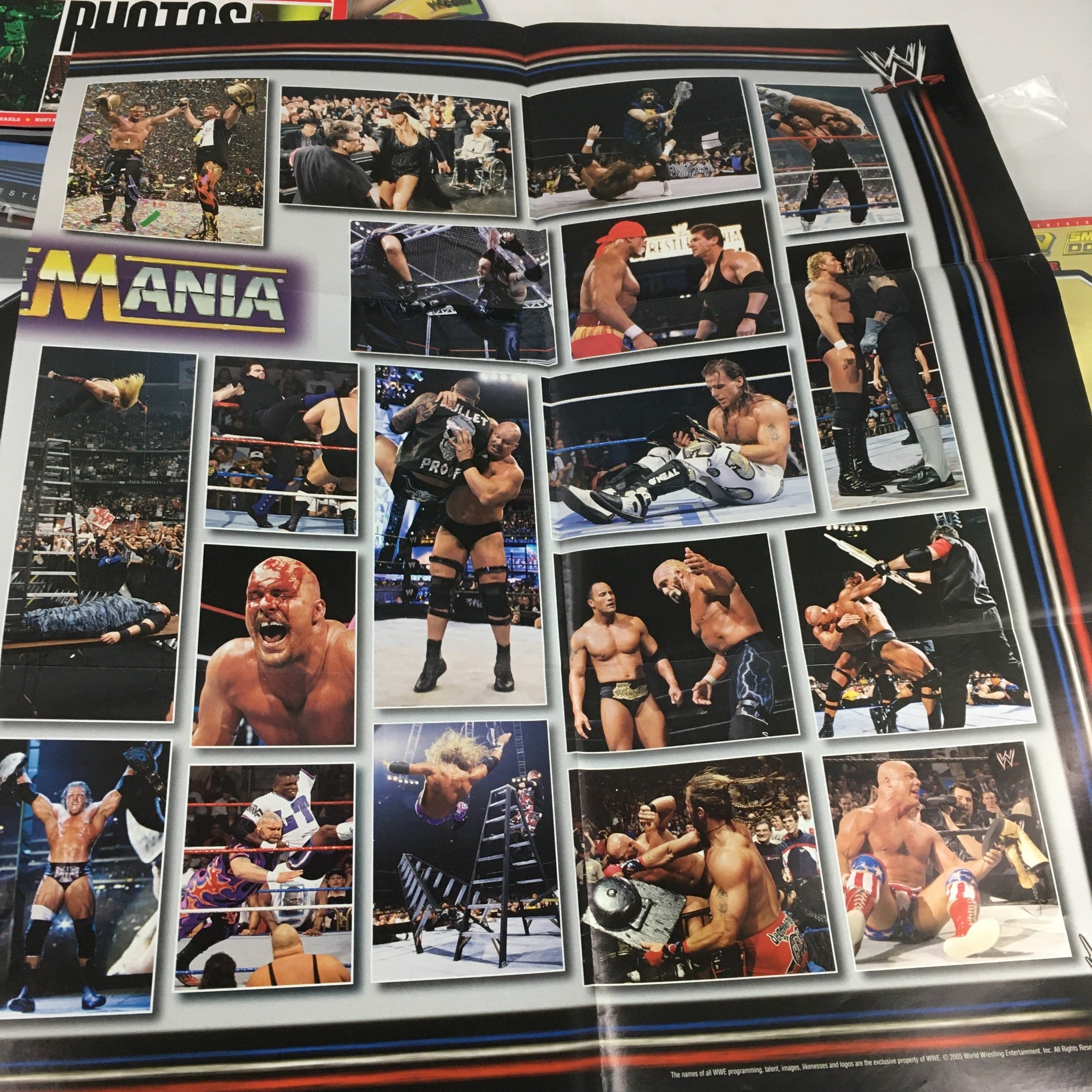 WWE Wrestle Mania May 30 2005 Photo Collection Vol. 2 showcasing various wrestling action shots, featuring iconic moments and athletes from the event, in very good condition, with no label.