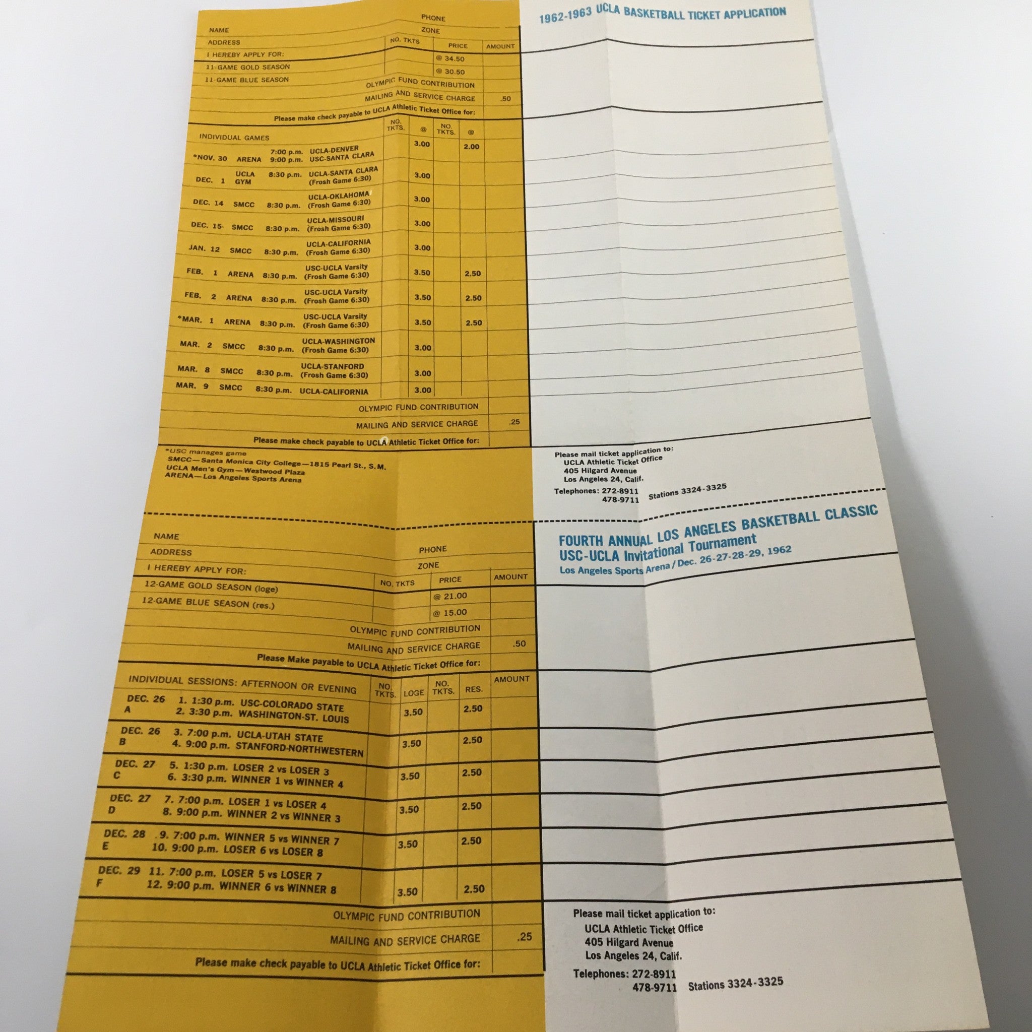 1962-1963 NCAA UCLA Bruins Basketball Ticket Application