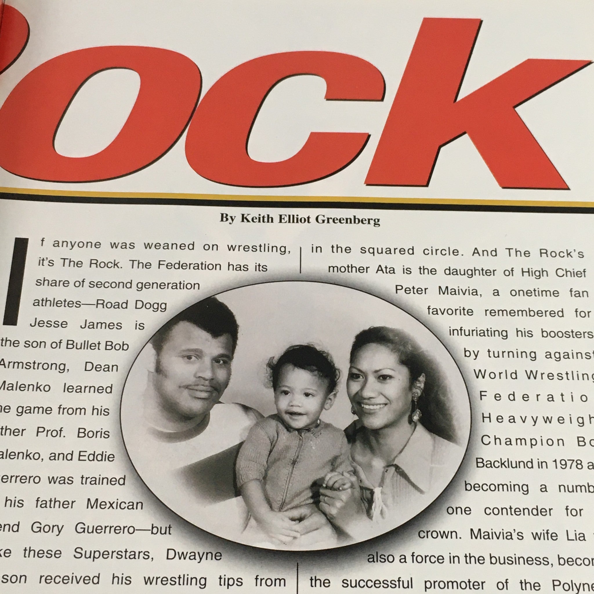 An article from WWF Magazine December 2000 about Dwayne 'The Rock' Johnson, featuring a photo of him as a child with his family.