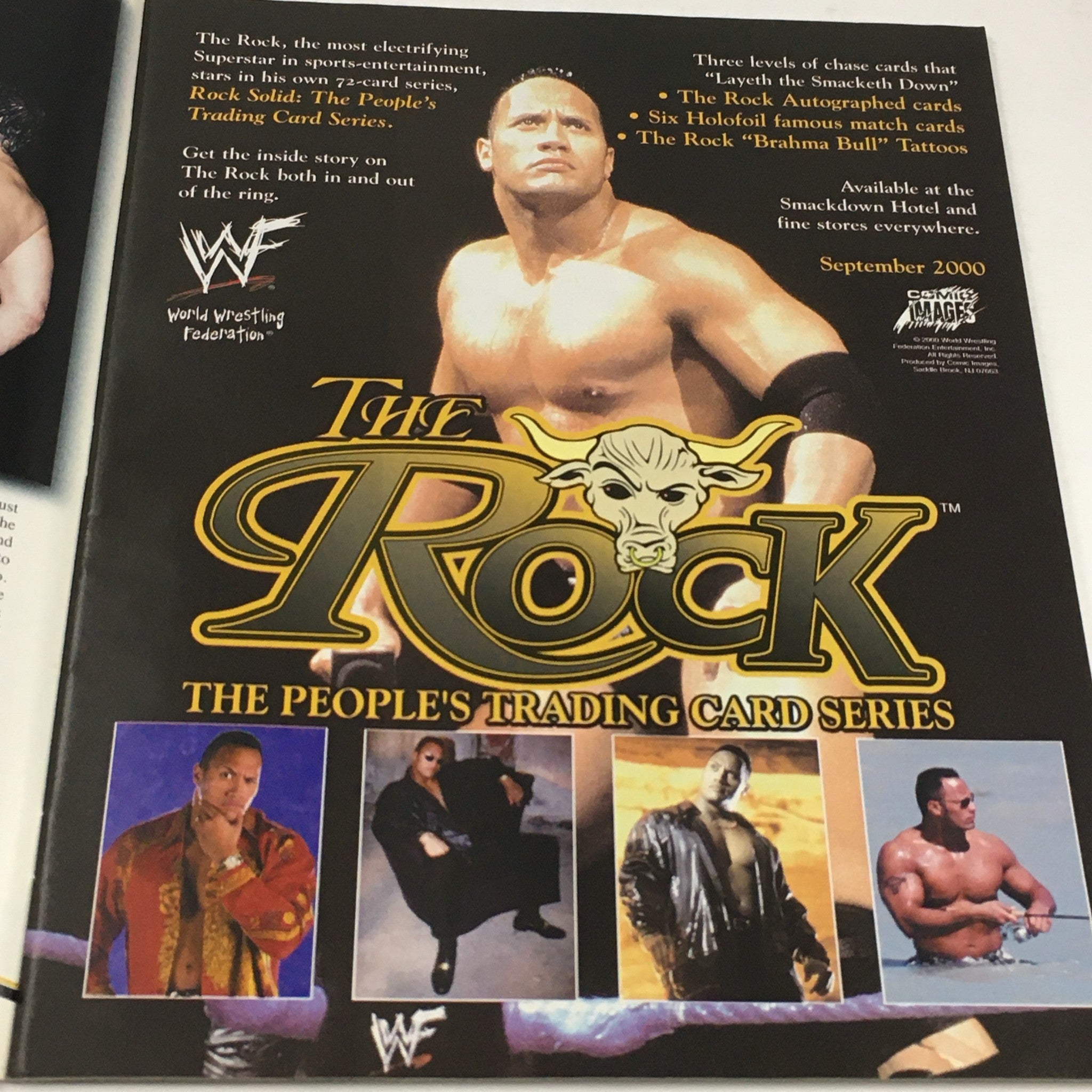 WWF Magazine December 2000 featuring Dwayne 'The Rock' Johnson on the cover with promotional details about The Rock's trading card series.