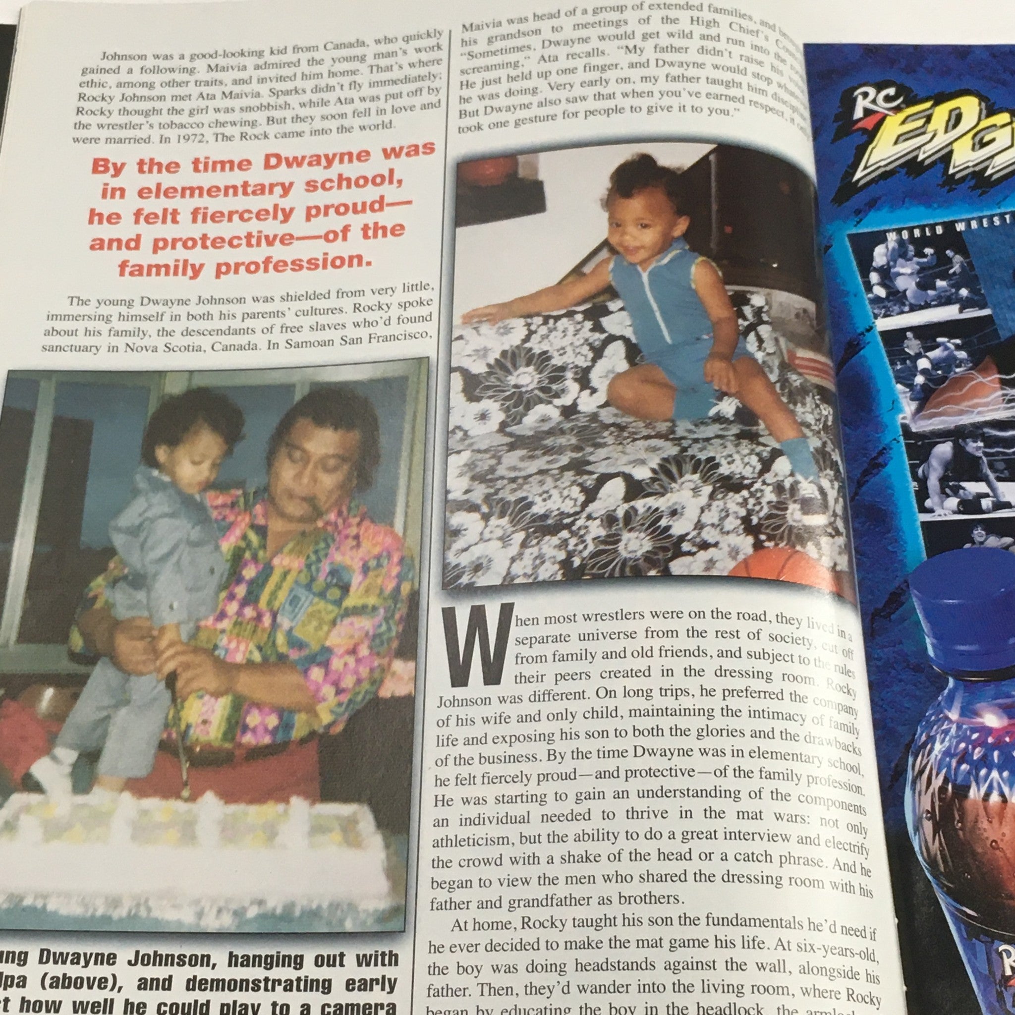 WWF Magazine December 2000 showing Dwayne 'The Rock' Johnson as a child, highlighting his early experiences and family influences.