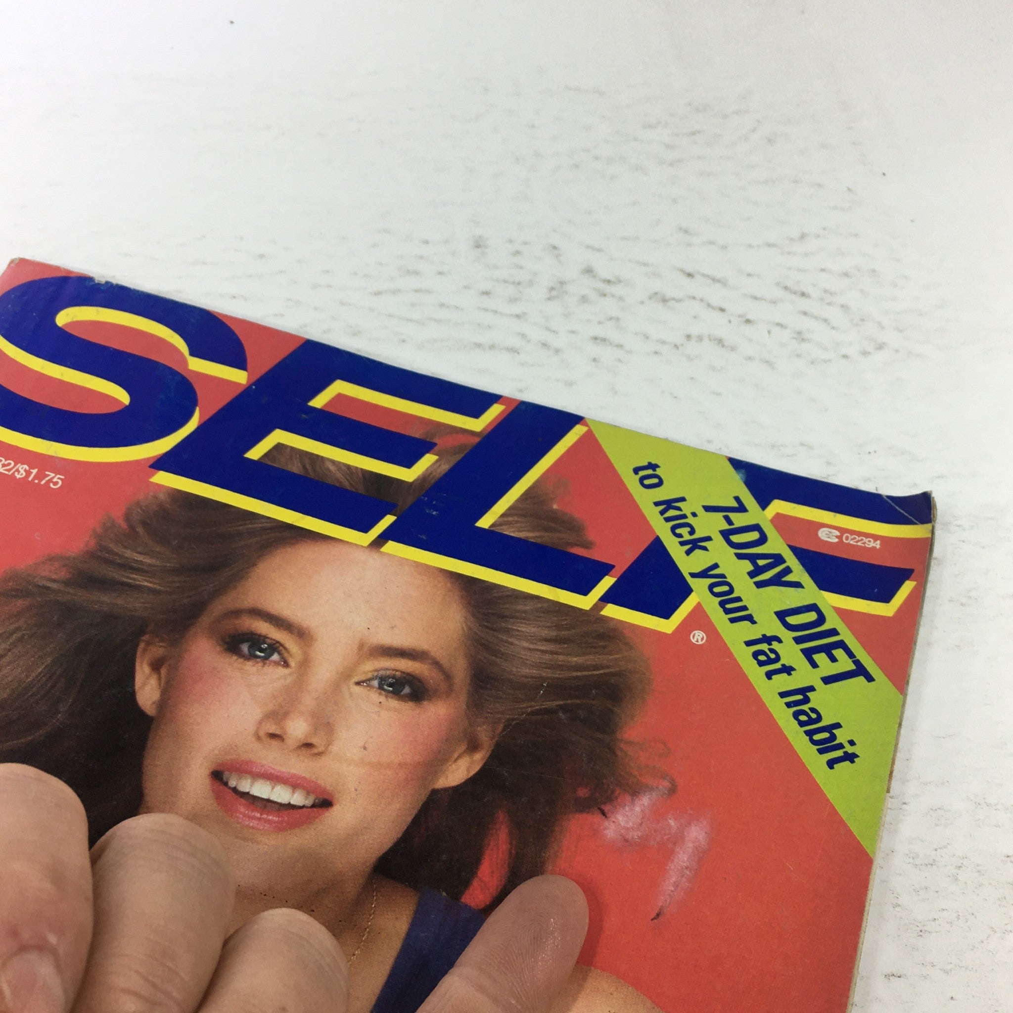 Close-up view of the cover of VTG Self Magazine: March 1982, highlighting Kelly Emberg with the title prominently displayed and promotional offers on health and beauty.