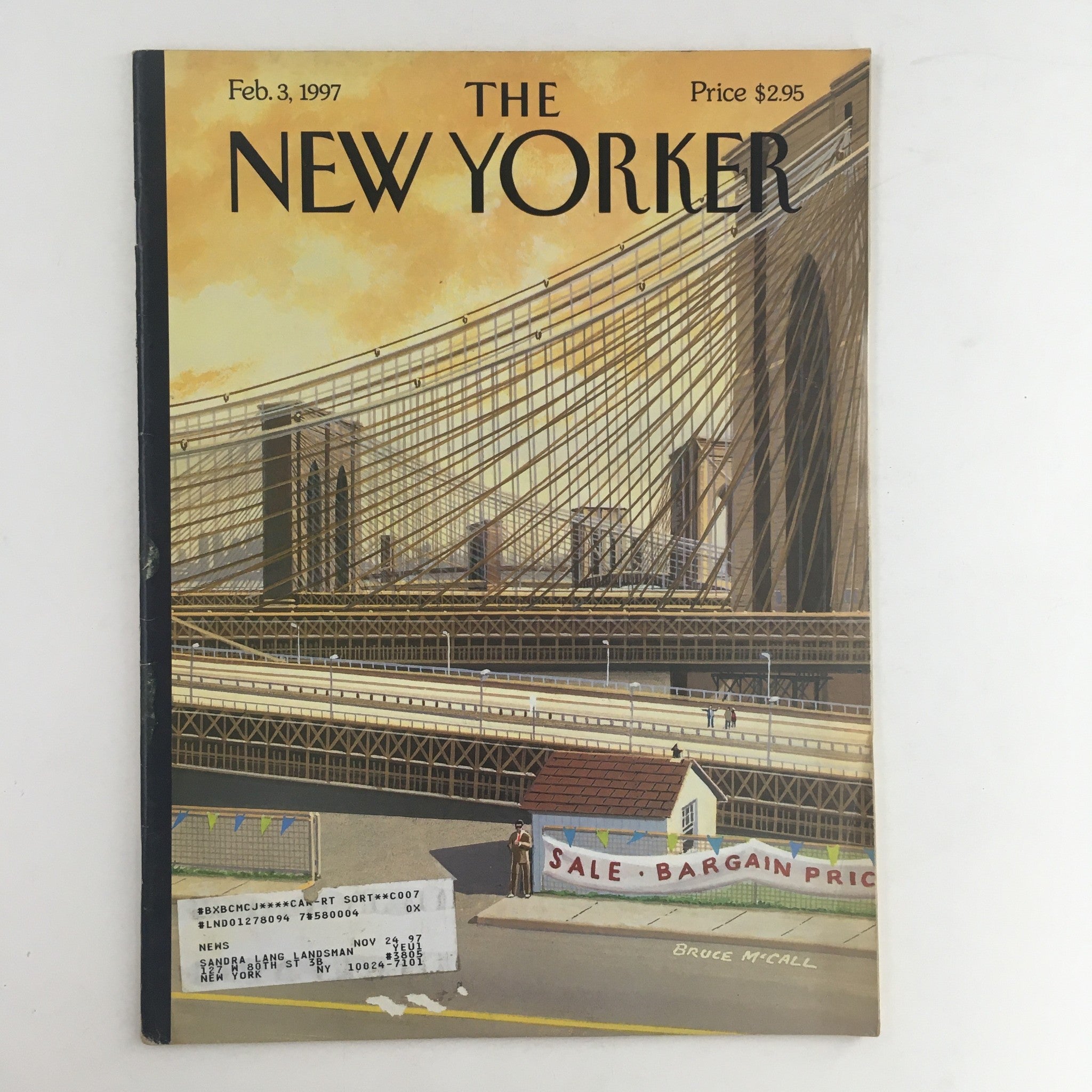 The New Yorker February 3 1997 Full Magazine Theme Cover by Bruce McCall, showcasing a vibrant illustration of the Brooklyn Bridge with a setting sun, featuring a small cottage banner reading 'SALE - BARGAIN PRICE.'