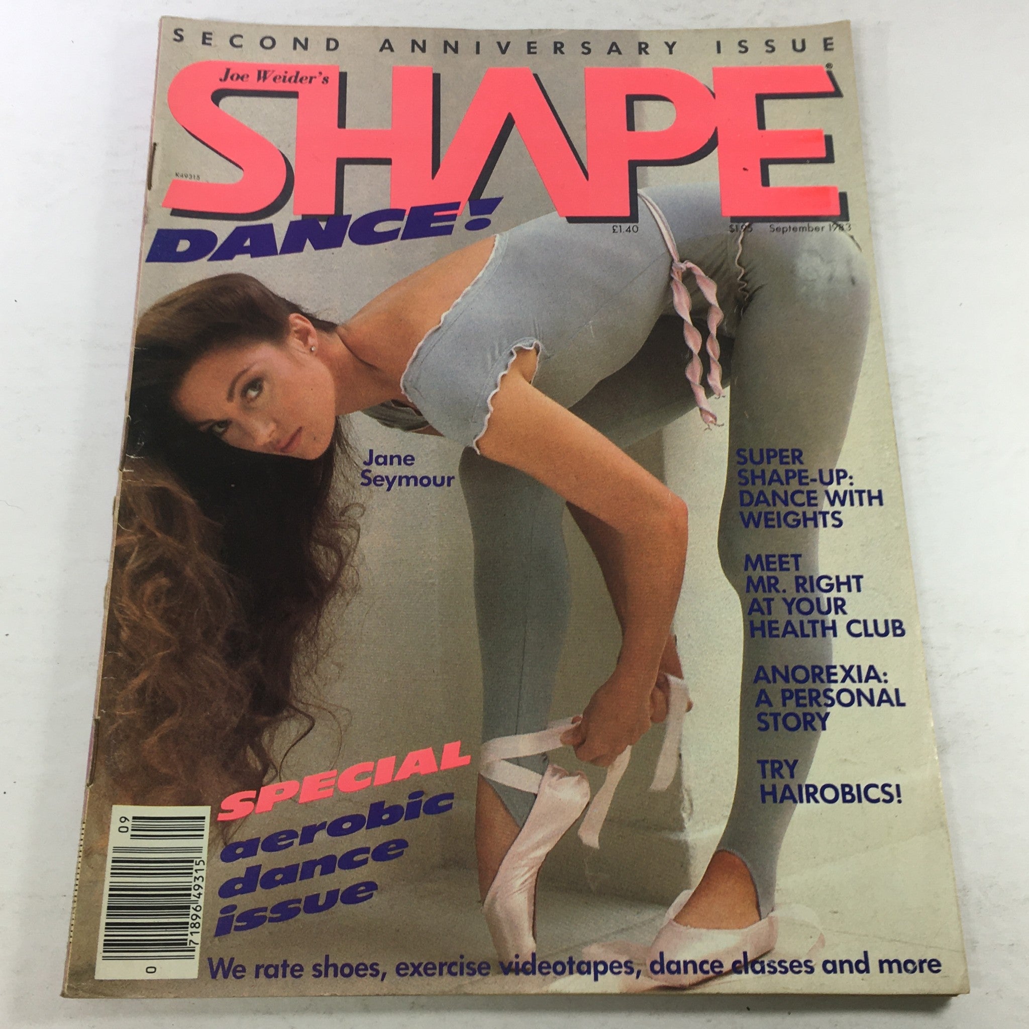 VTG Joe Weider's Shape Dance Magazine: September 1983 featuring Jane Seymour on the cover, showcasing a vintage fitness aesthetic with an emphasis on dance workouts.