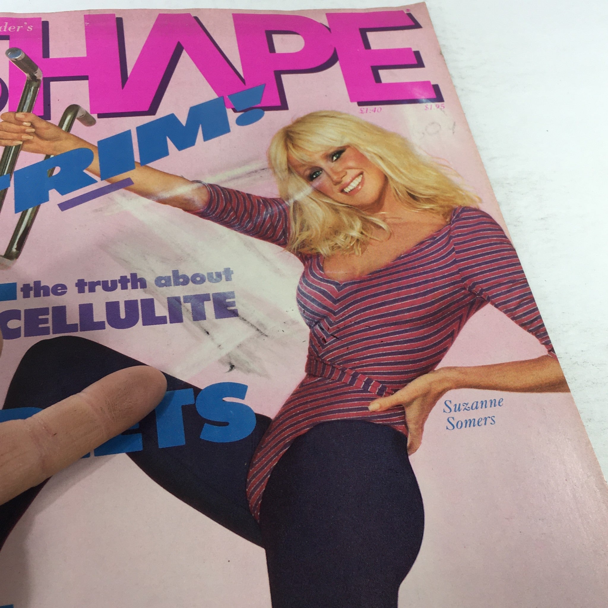 Close-up of Joe Weider's Shape Magazine January 1983 cover, showcasing Suzanne Somers promoting health and diet tips from the 1980s.