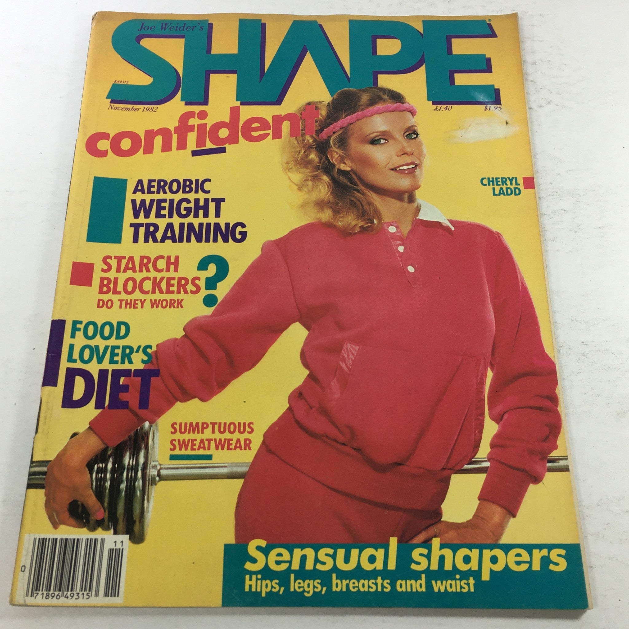 VTG Joe Weider's Shape Magazine November 1982 featuring Cheryl Ladd on the cover, showcasing fitness trends and lifestyle tips from the early '80s.