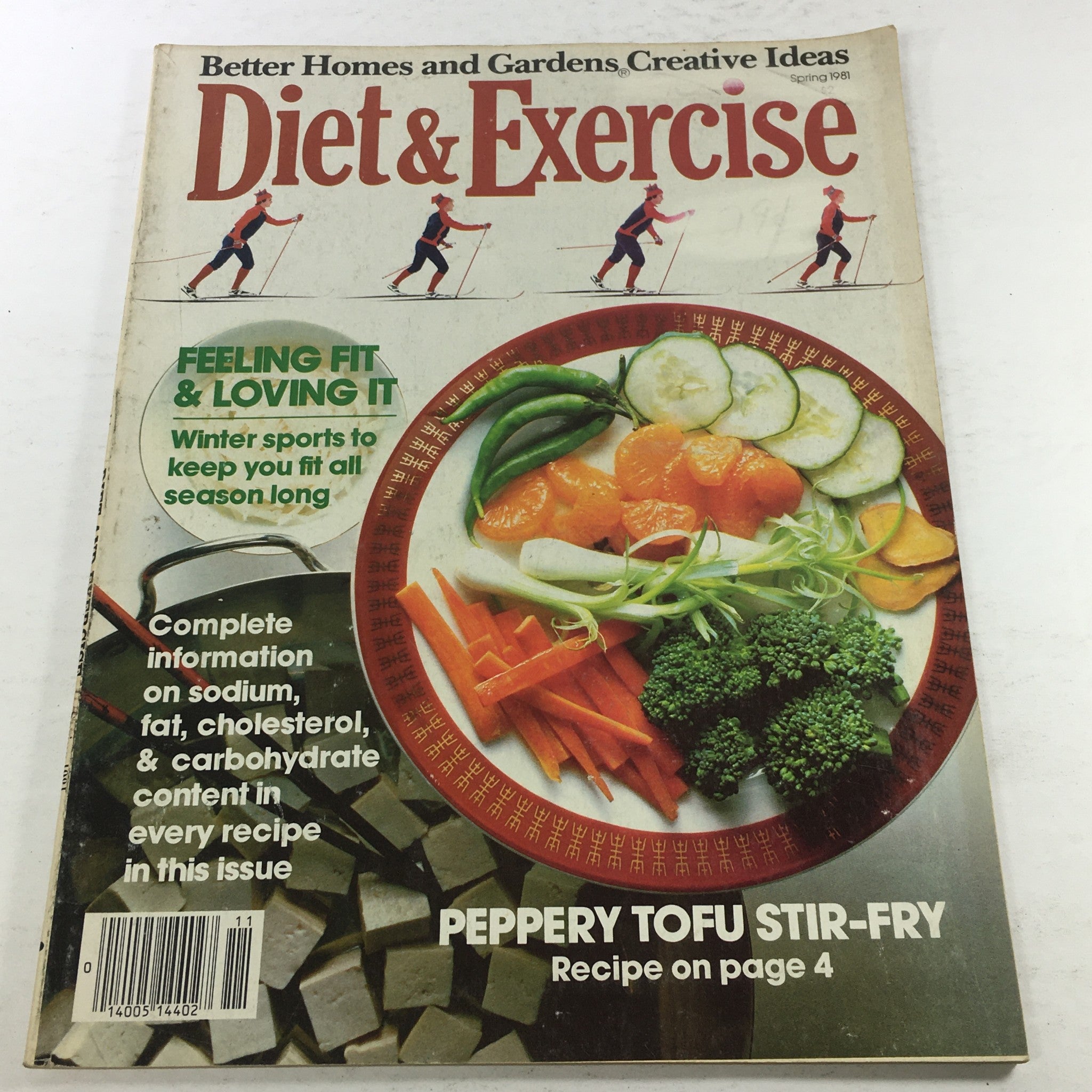 Cover of the VTG Diet & Exercise Magazine: Spring 1981 - Feeling Fit and Loving It Issue featuring vibrant visuals of healthy foods and winter sports activities. Highlights include a recipe for Peppery Tofu Stir-Fry with vegetables and wellness information.