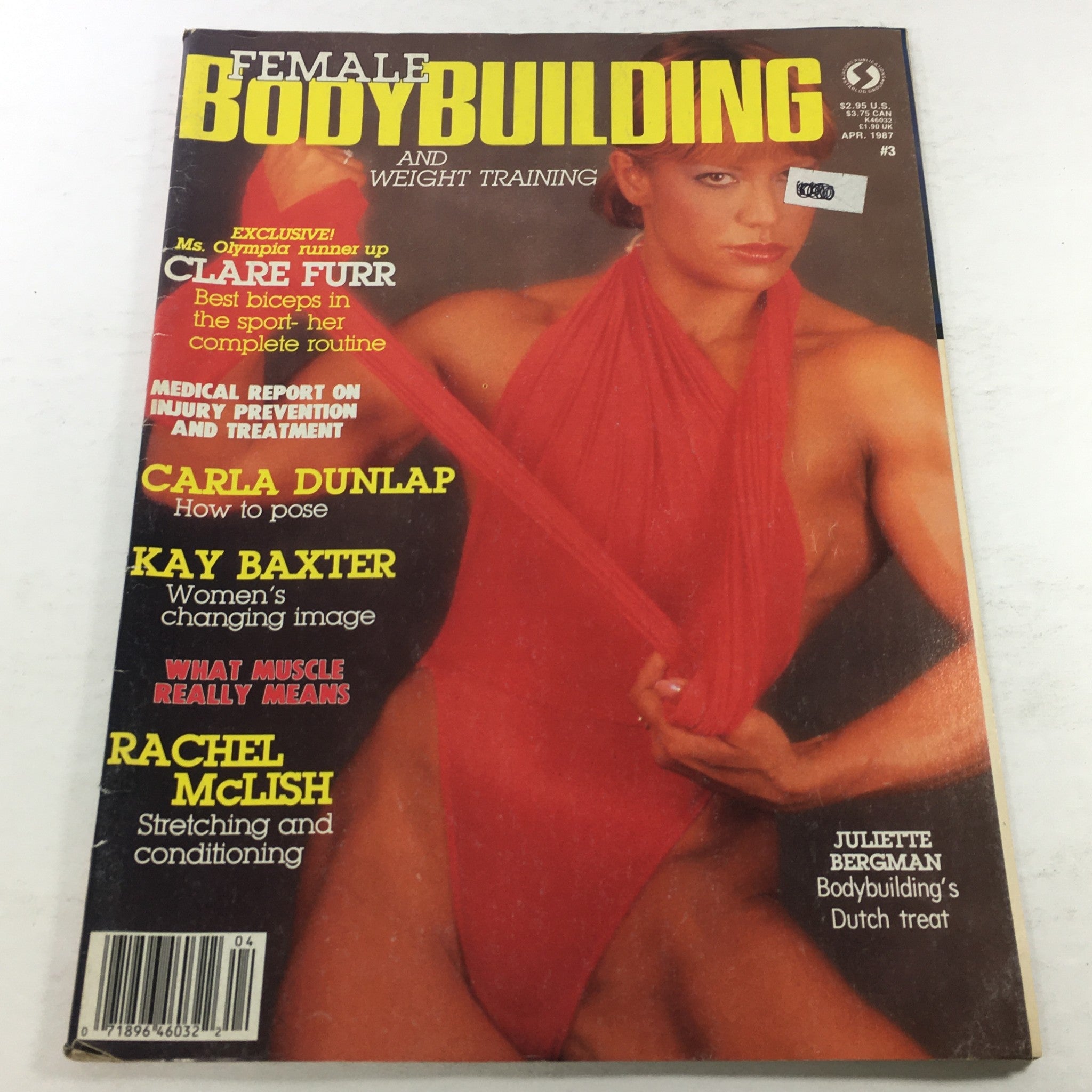 Cover of VTG Female Body Building magazine from April 1987 featuring a model in a red outfit, highlighting body fitness and training. Includes notable articles by Clare Furr, Carla Dunlap, and Kay Baxter.