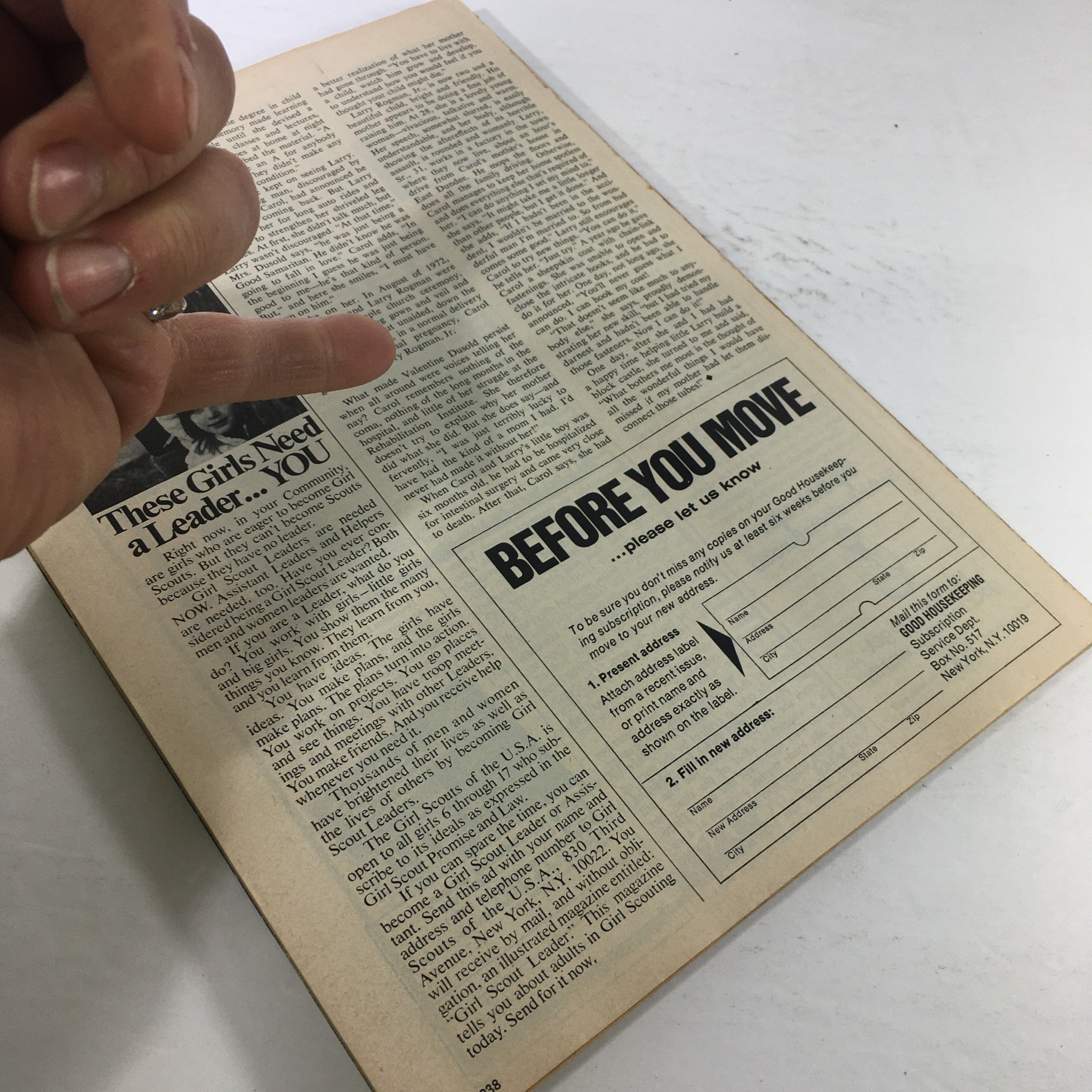 Interior page of June 1976 Good Housekeeping magazine showcasing an article with a callout about leadership in Girl Scouts.