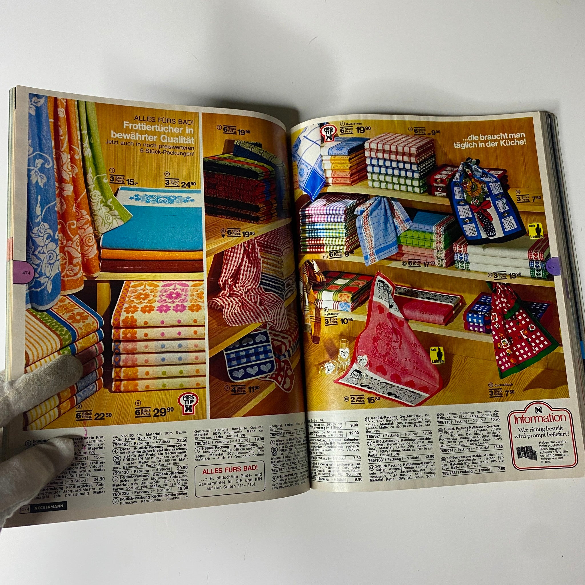 1978-1979 Neckermann Winter Catalog showing a vibrant selection of kitchen towels and bath linens, featuring colorful designs and pricing details.