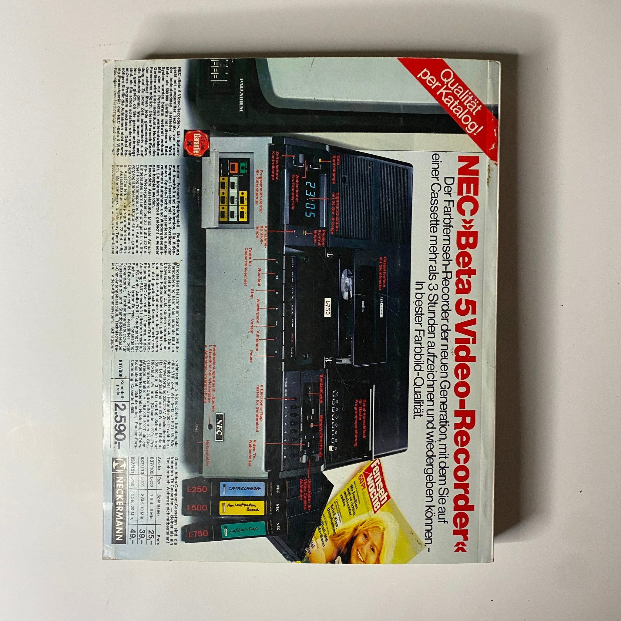 Image of the NEC Beta 5 Video Recorder from the 1978-1979 Neckermann Winter Catalog, showcasing product features and specifications prominently, including buttons, dials, and cassette compatibility.