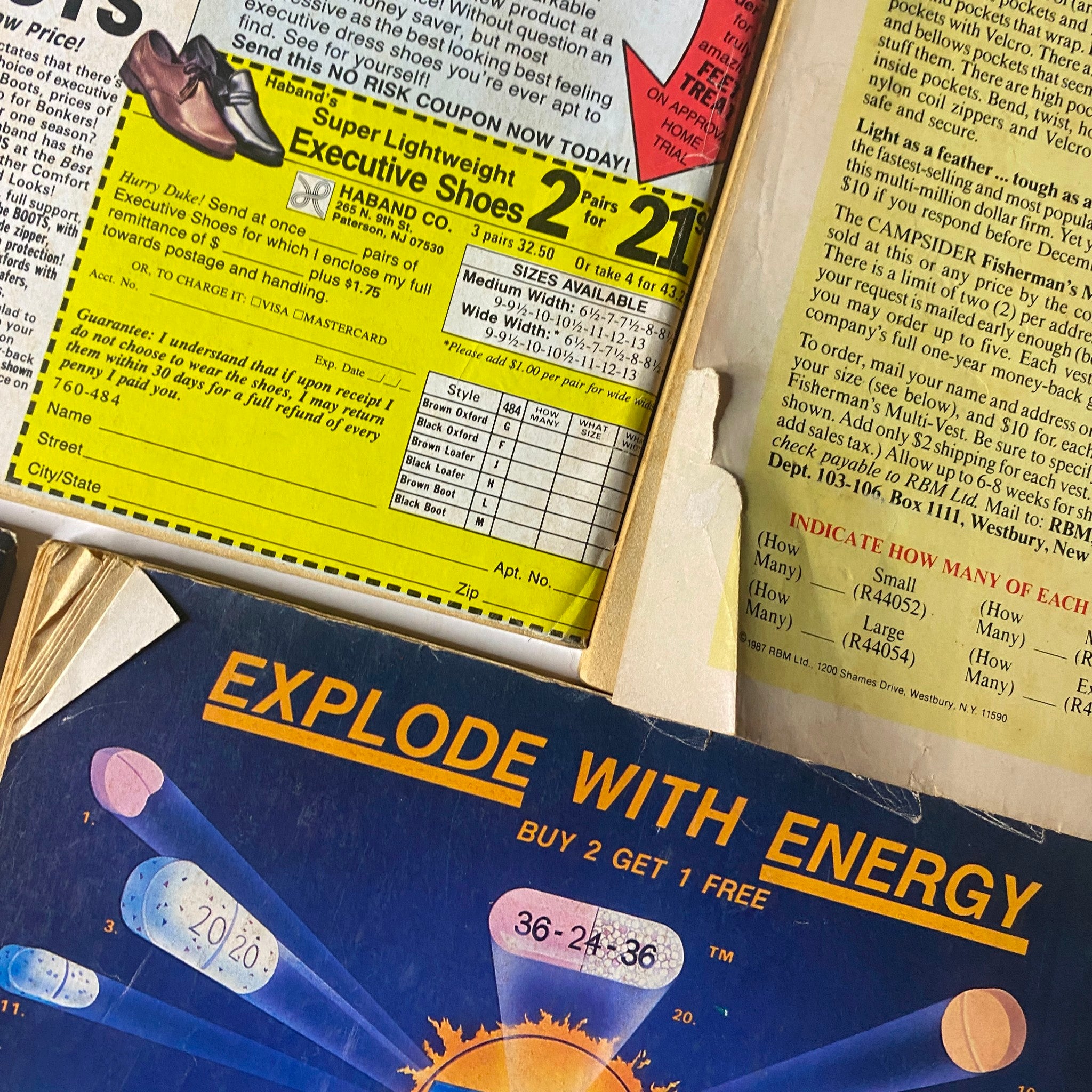 Close-up of vintage magazine advertisements detailing pricing for executive shoes and clothing, showcasing nostalgic design elements from the 1970s True Detective collection.