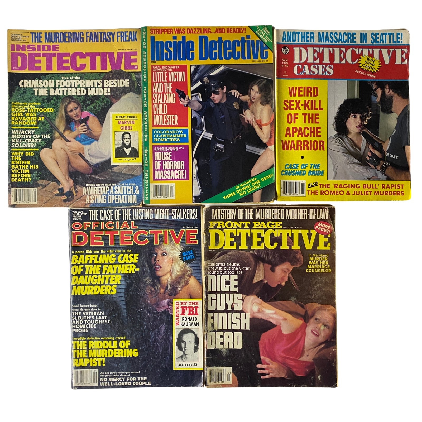 Lot of 5 1980s Inside Detective, Detective Cases, Official Detective Magazine