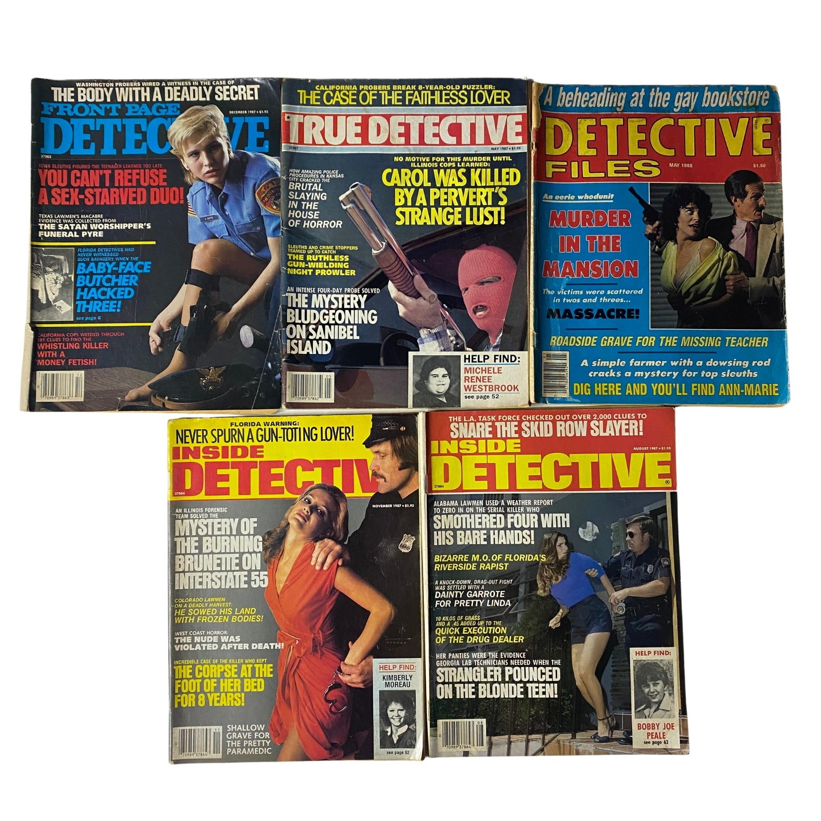 Lot of 5 1980s Front Page Detective, True Detective, Detective Files Magazine
