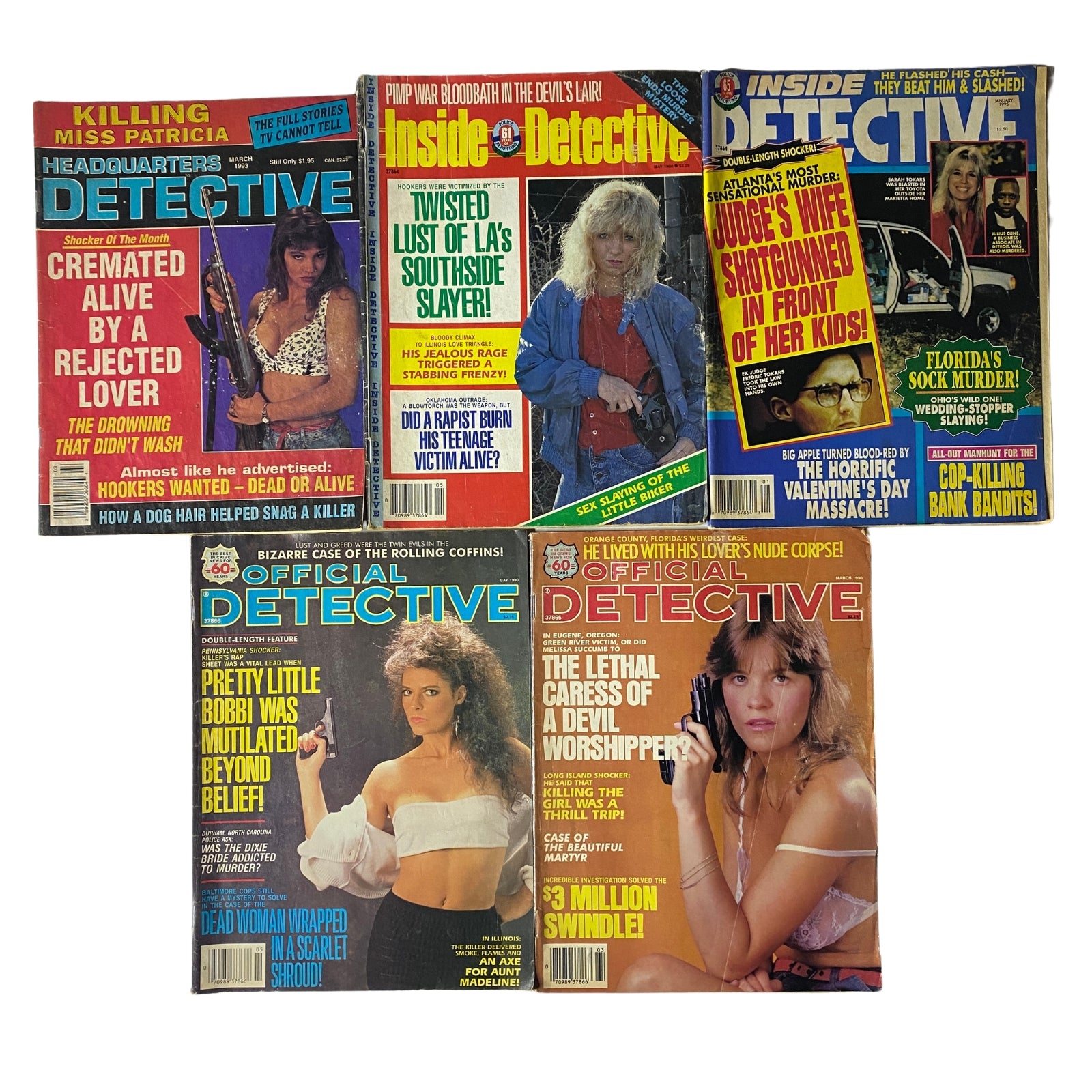 Lot of 5 1990s Headquarters Detective, Inside Detective Magazine