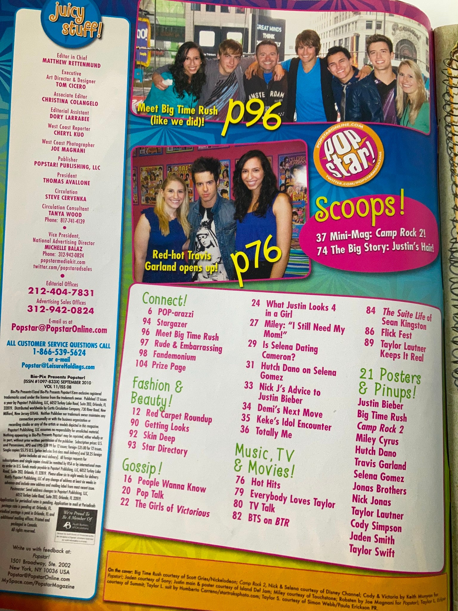 Inside page of Pop Star Magazine September 2010 displaying articles about Big Time Rush and celebrity gossip.
