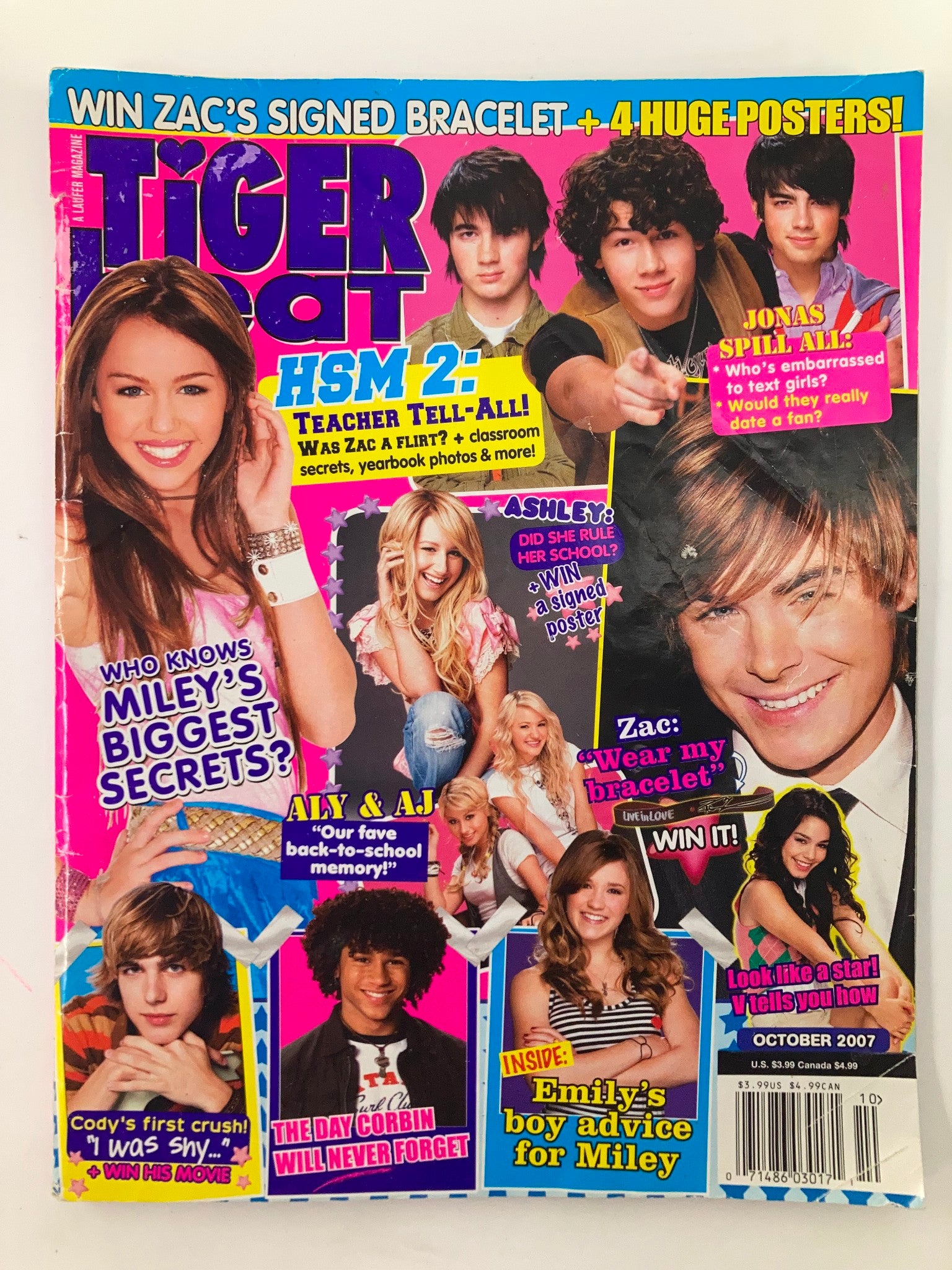 Tiger Beat Magazine October 2007 featuring Miley Cyrus and Ashley Tisdale on the cover with colorful graphics and popular co-stars from Disney Channel.