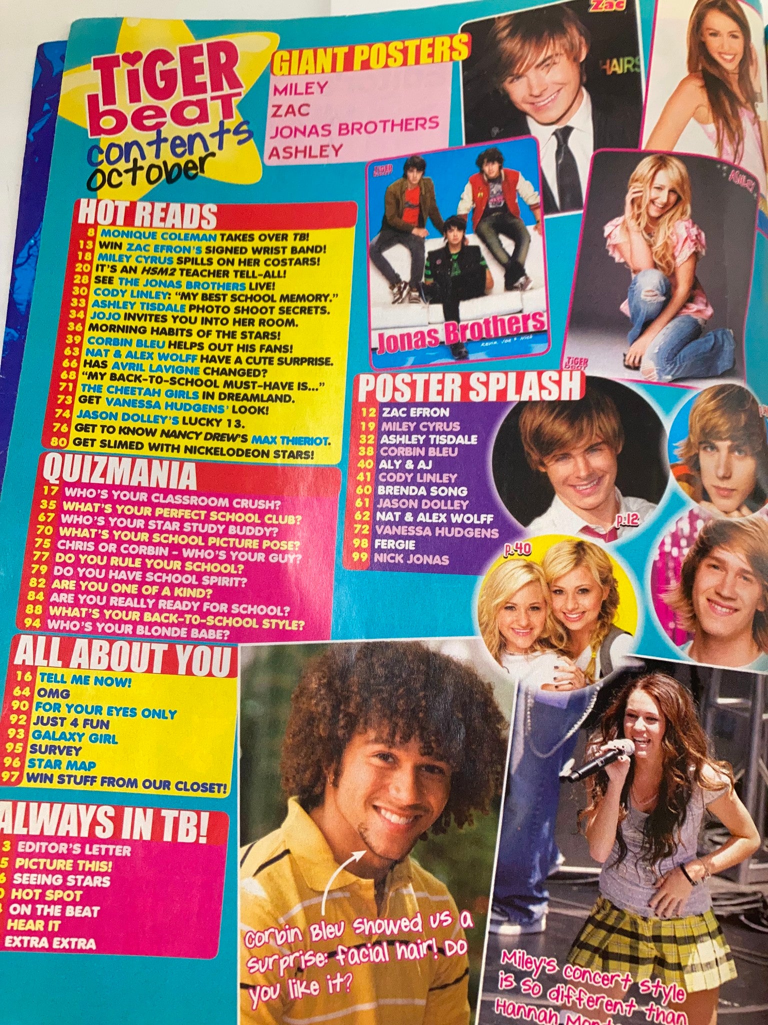 Contents page of Tiger Beat Magazine October 2007, showcasing posters of Miley Cyrus, Zac Efron, and more Disney Channel stars.
