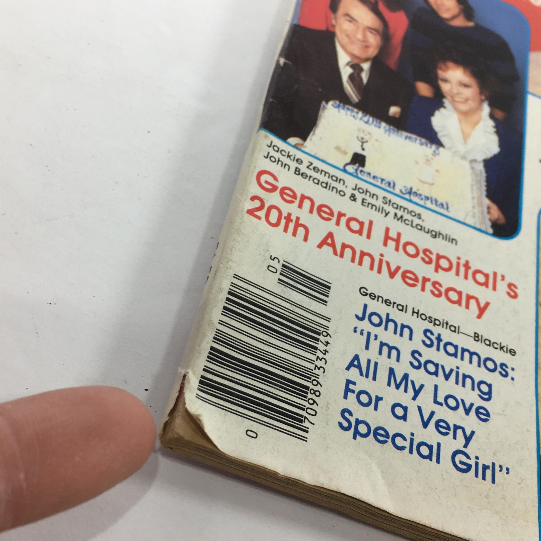 Back cover detail of the VTG Daytime TV Magazine from May 1983, highlighting a barcode and a promotional blurb about 'General Hospital's 20th Anniversary', emphasizing its collectible nature.