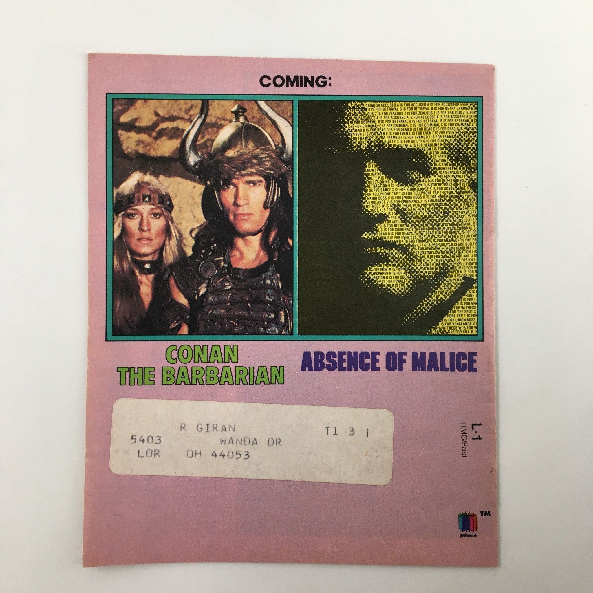 Back cover of Premium Channels Mini Magazine March 1983, highlighting upcoming features for 'Conan The Barbarian' and 'Absence of Malice'.