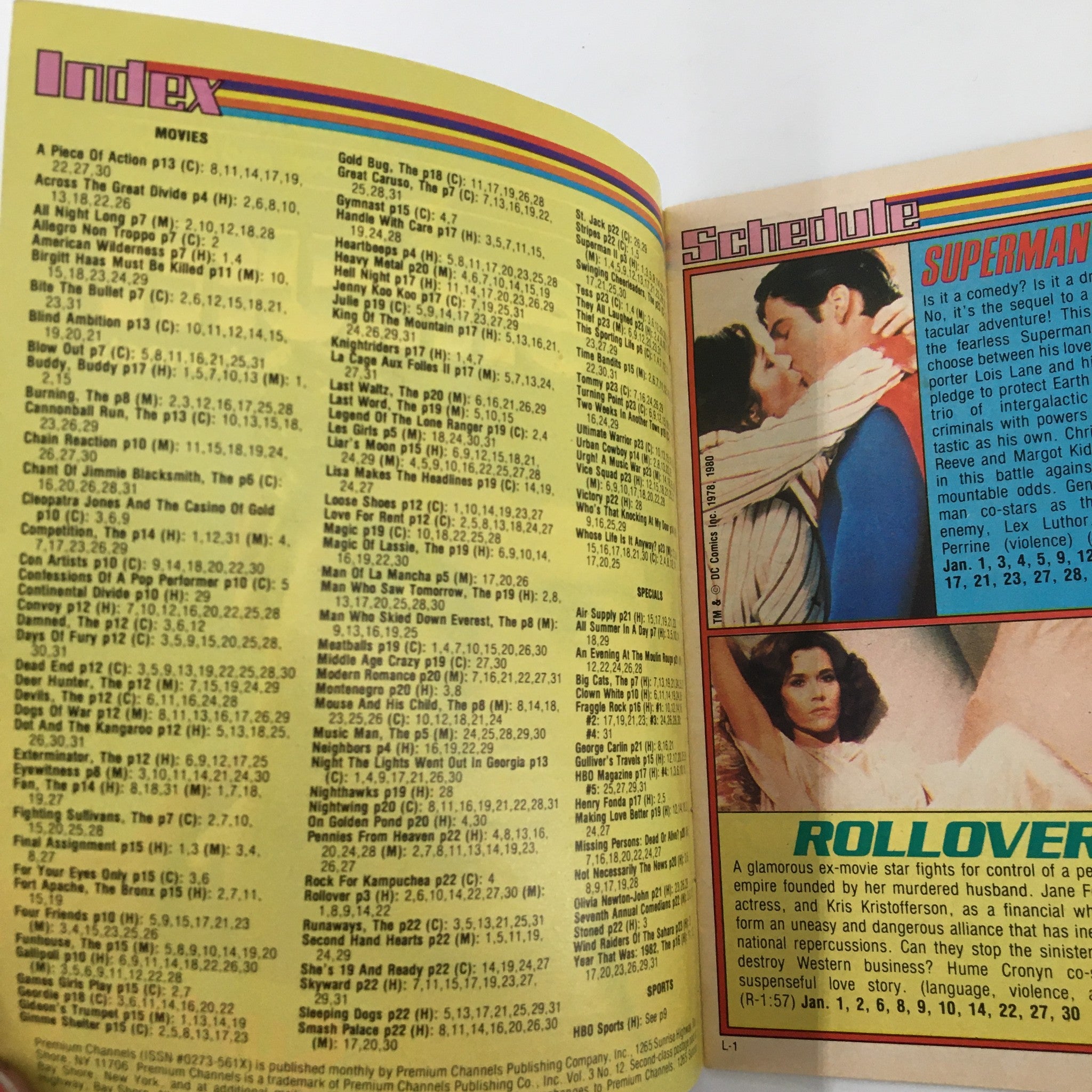 Interior page of VTG Premium Channels Mini Magazine from January 1983, displaying the index and movie schedule including Superman II, showcasing vibrant retro design.