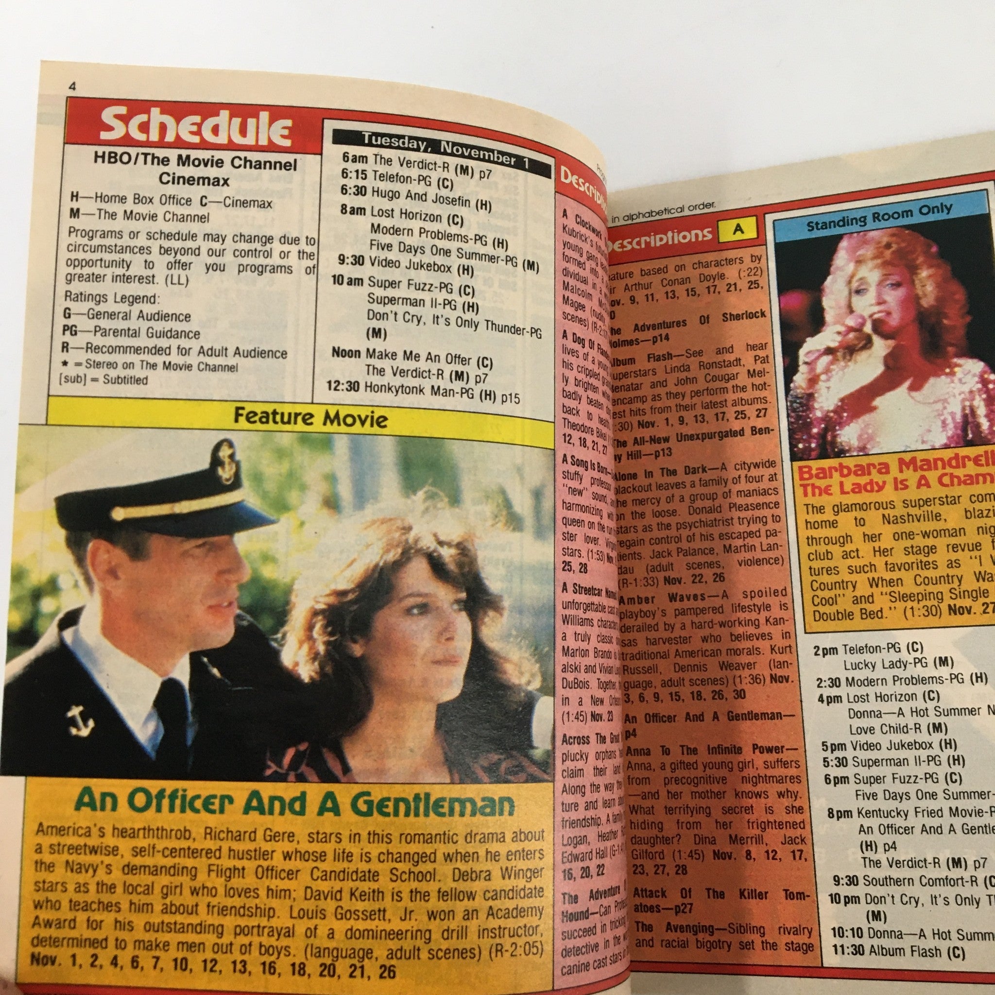 Open page from the VTG Premium Channels Mini Magazine November 1983 featuring the schedule for HBO and Cinemax along with a feature movie 'An Officer and A Gentleman' starring Richard Gere and Louis Gossett Jr.