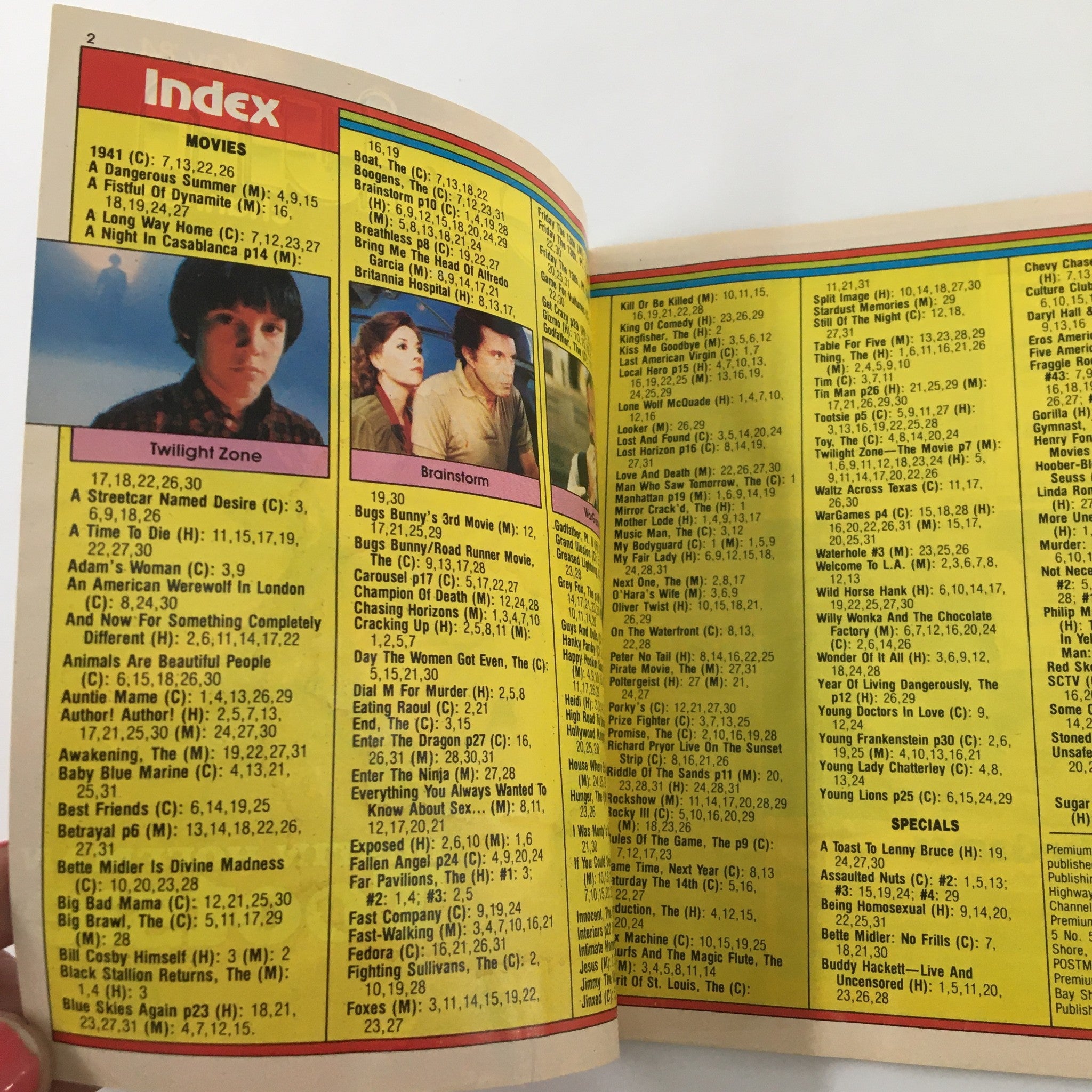 Interior page of Premium Channels Mini Magazine May 1984 showcasing the movie index, including titles like Twilight Zone and Brainstorm.