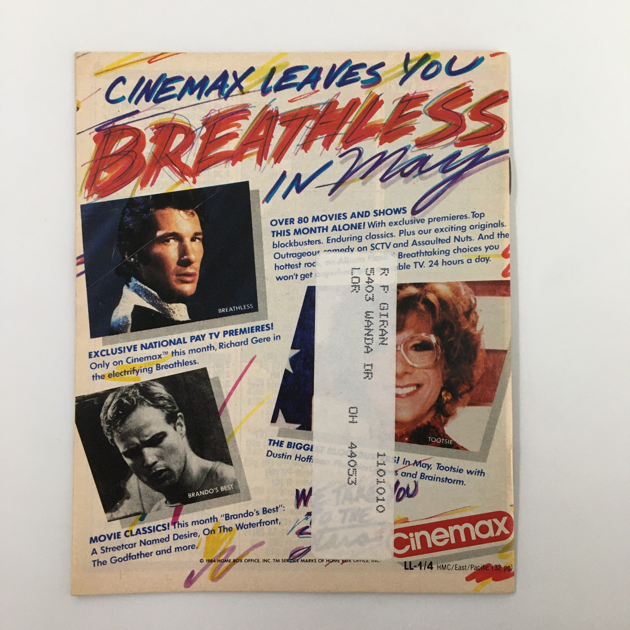 Back cover of Premium Channels Mini Magazine May 1984 with promotional content from Cinemax, highlighting films including Tootsie.