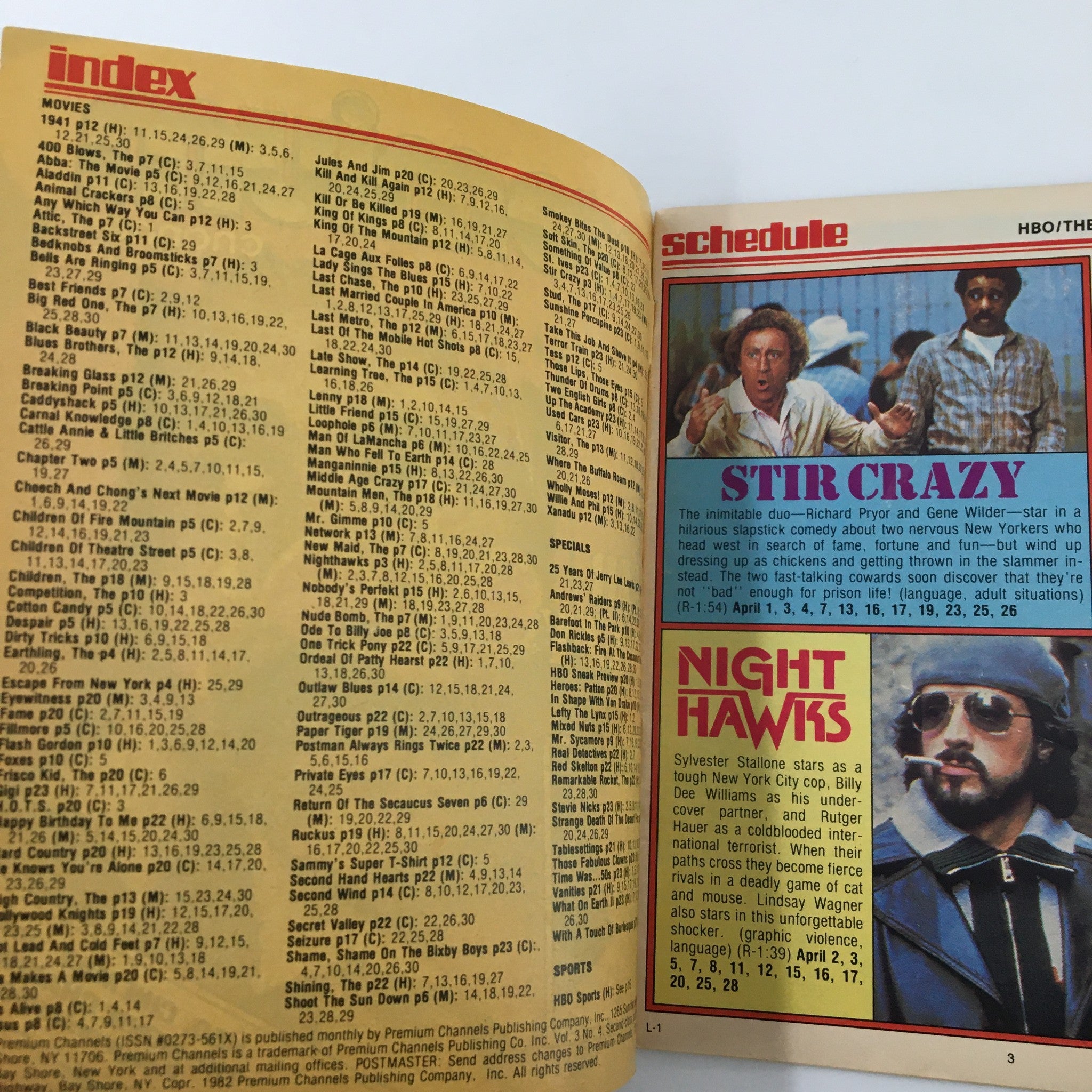 Inside page of the VTG Premium Channels Mini Magazine April 1982 with a schedule featuring the film Stir Crazy and other movie listings from the era.
