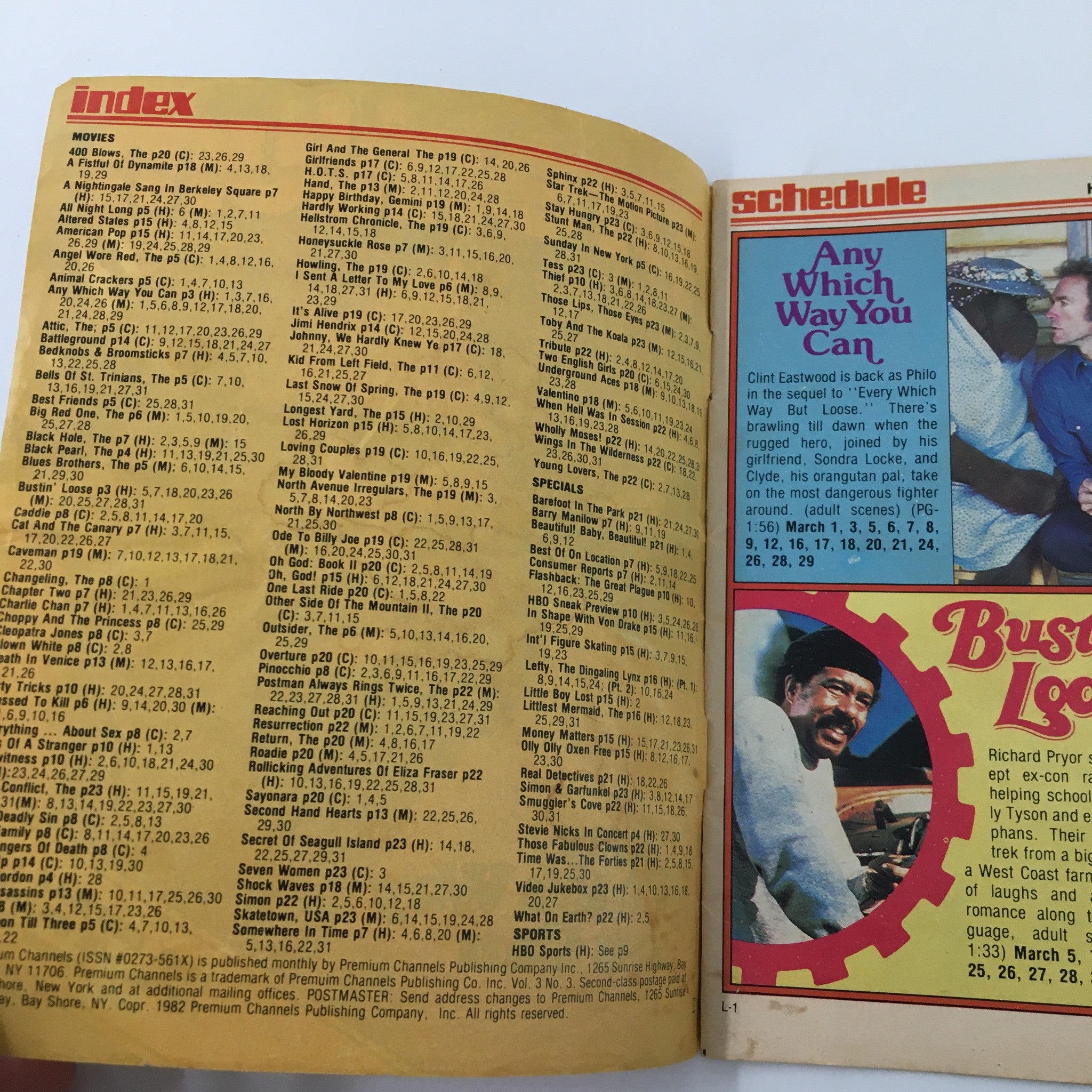 Inside spread of VTG Premium Channels Mini Magazine March 1982, displaying the index and TV schedule, including details on Clint Eastwood's film 'Any Which Way You Can'.