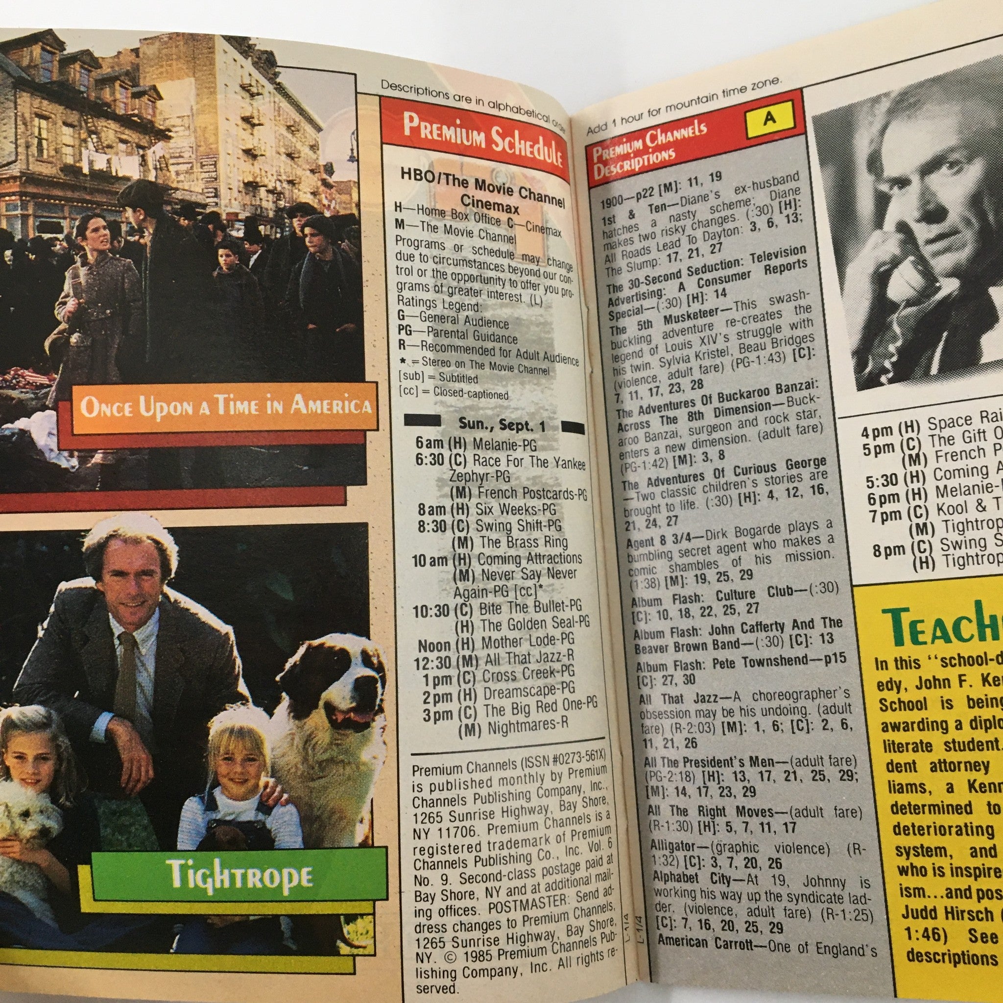 Inside pages of VTG Premium Channels Mini Magazine, September 1985, showcasing premium movie schedules and descriptions, including classic films and their ratings.