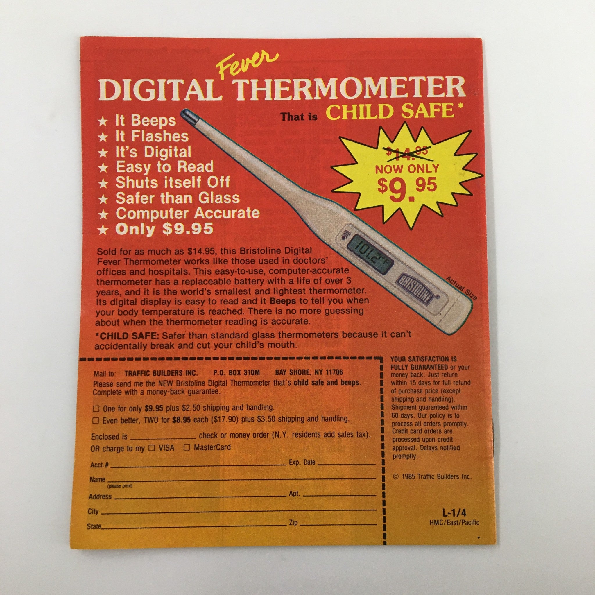 Vintage advertisement for Bristoline Digital Fever Thermometer, promoting features like digital display, child safety, and price of $9.95, from the September 1985 issue of Premium Channels Mini Magazine featuring Nick Nolte.