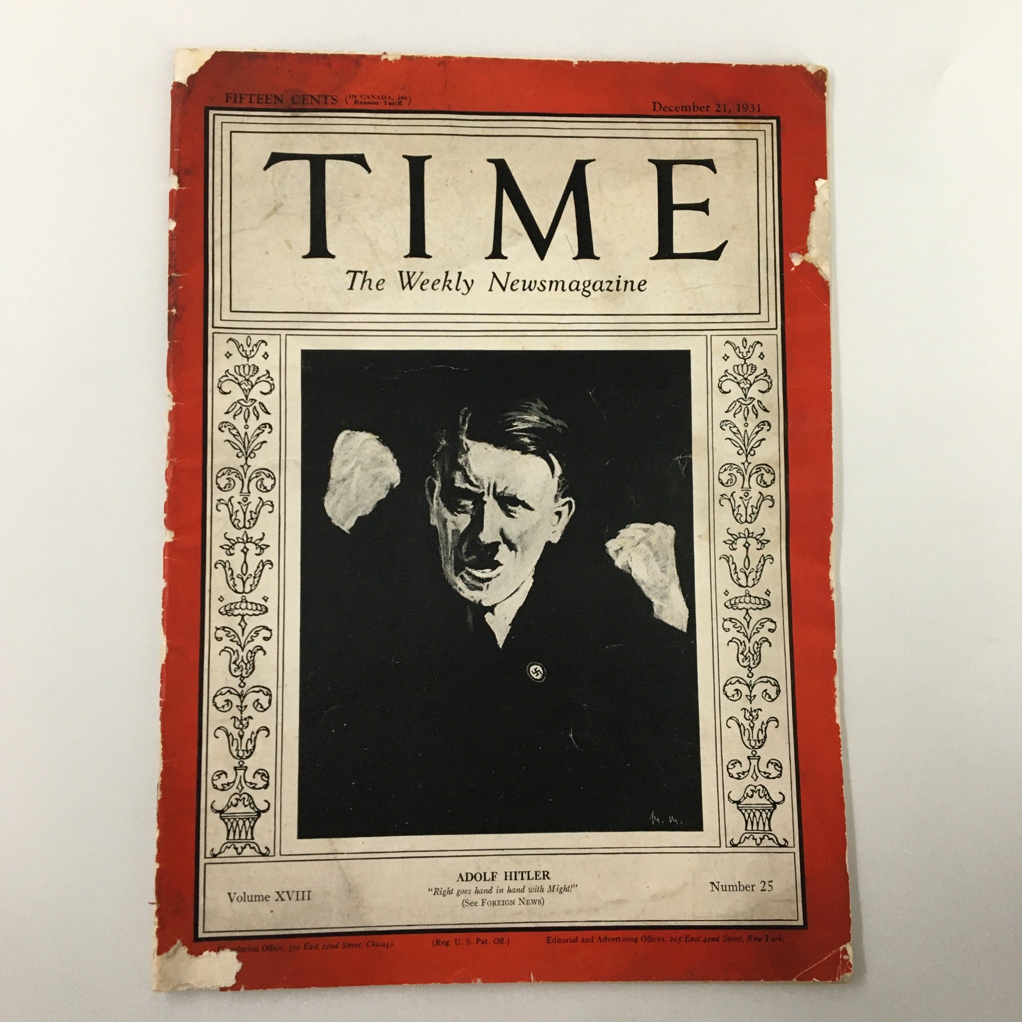 VTG Time Magazine December 21 1931 Vol. 18 No. 25 Adolf Hitler Hand with Might