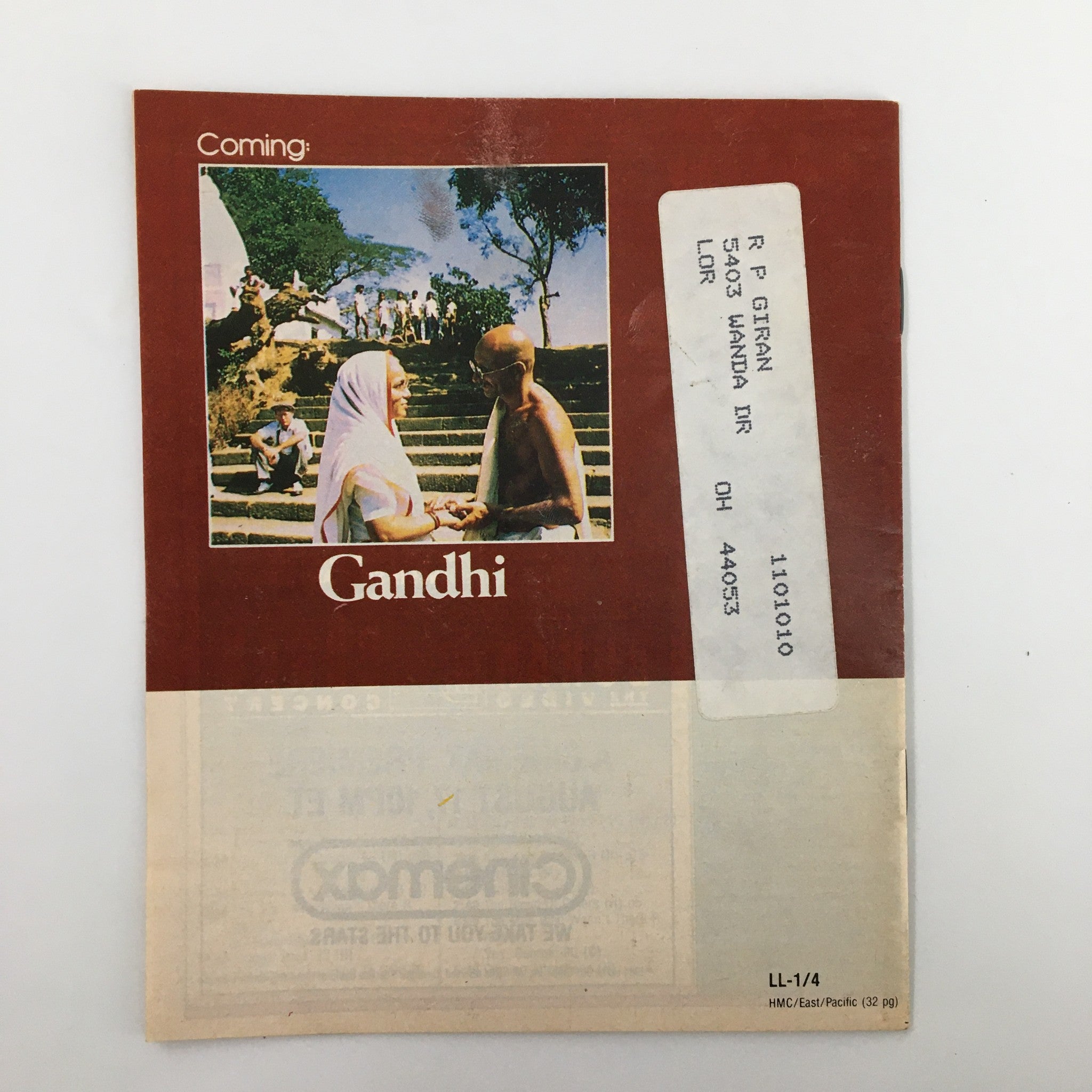 Back cover of the Premium Channels Mini Magazine August 1984 featuring a promotional image for the film Gandhi.