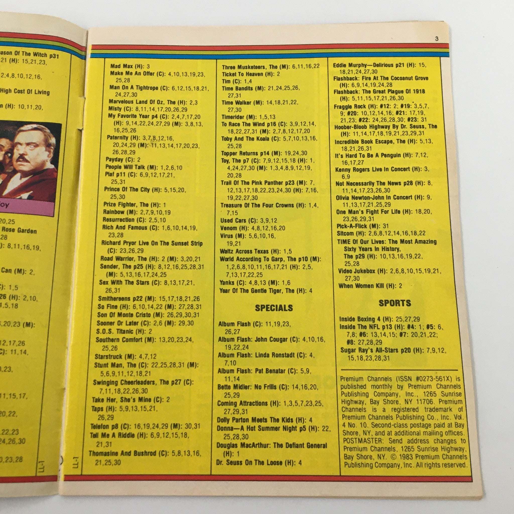Another inside page of the VTG Premium Channels Mini Magazine October 1983 showing further content, highlighting various movies and specials from that time.