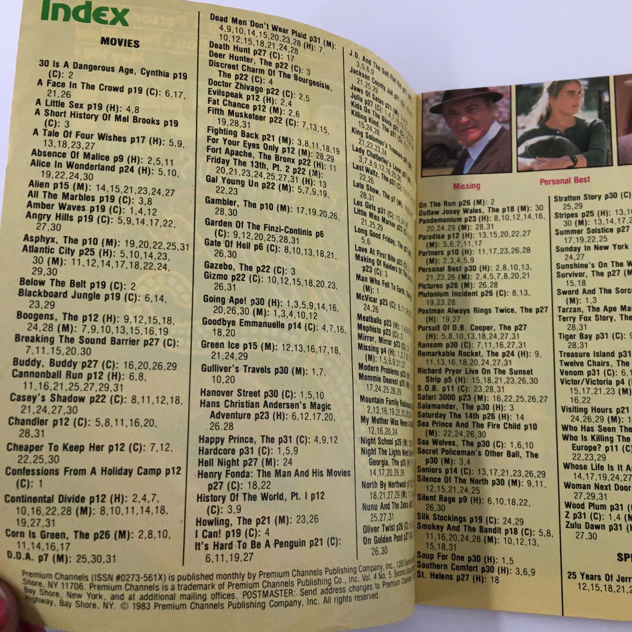 Inside page index of VTG Premium Channels Mini Magazine May 1983 listing movies including 'Dead Men Don't Wear Plaid' and 'Some Kind of Hero', showcasing film insights.