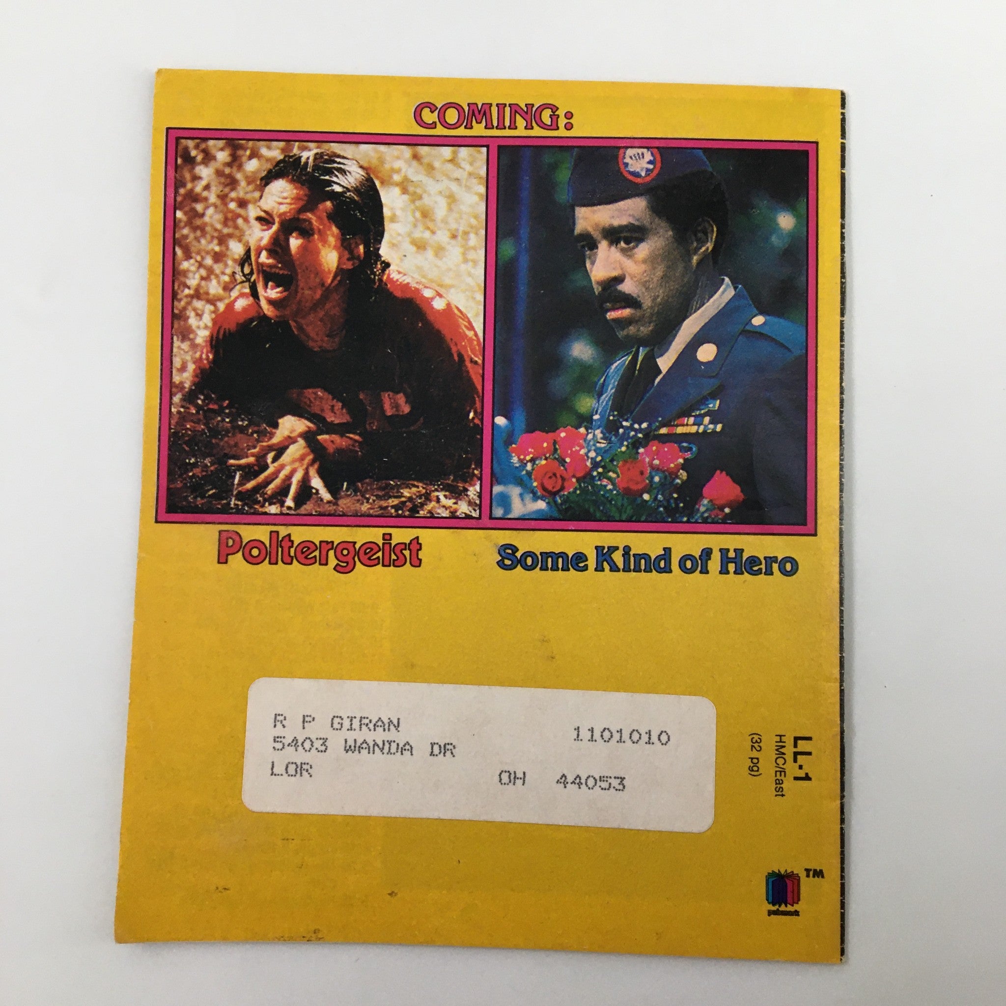 Back cover of VTG Premium Channels Mini Magazine May 1983 displaying upcoming movie promotions for 'Poltergeist' and 'Some Kind of Hero', including a label for mailing.