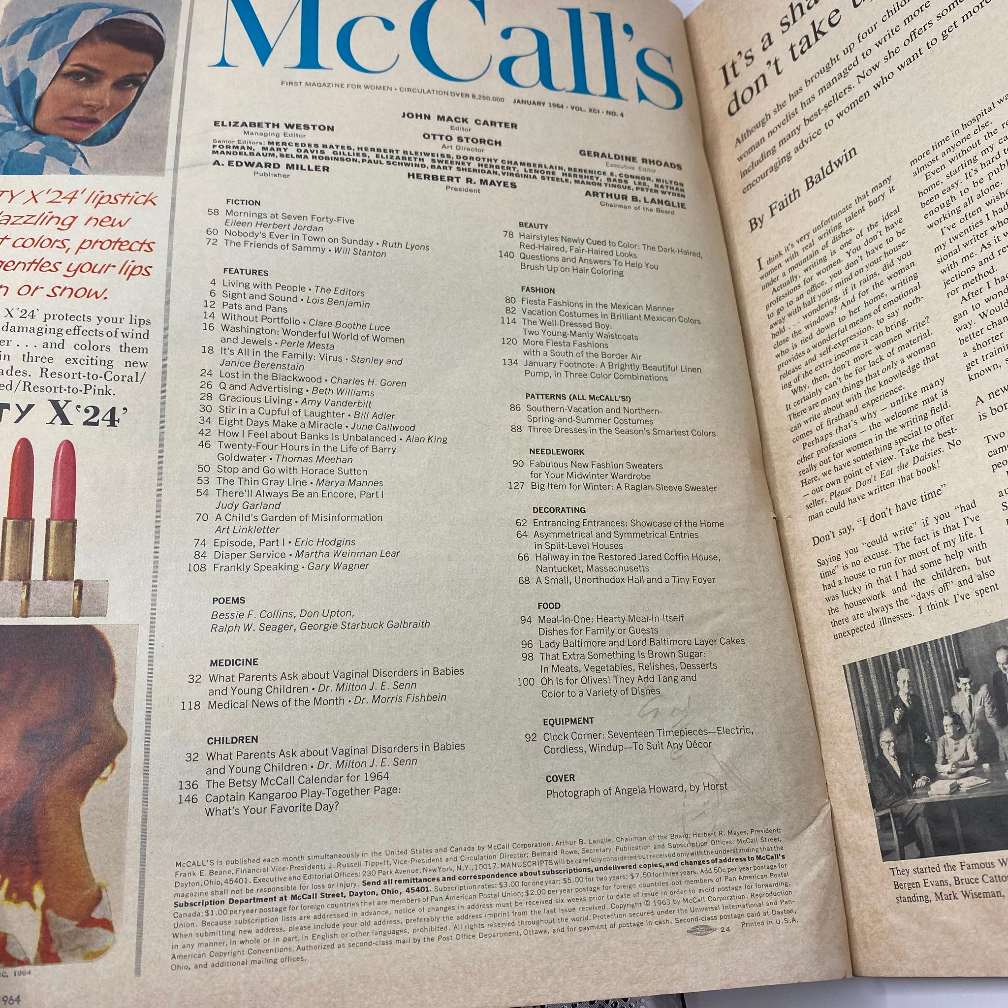 VTG McCall's Magazine January 1964 Cover Photograph of Angela Howard