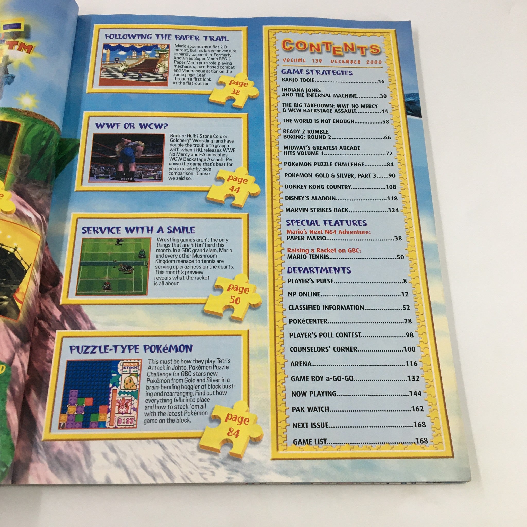 Contents page of Nintendo Power Magazine Vol 139 December 2000, featuring game sections, including Banjo Tooie, WCW Meets WWF, and Puzzle-Type Pokémon.