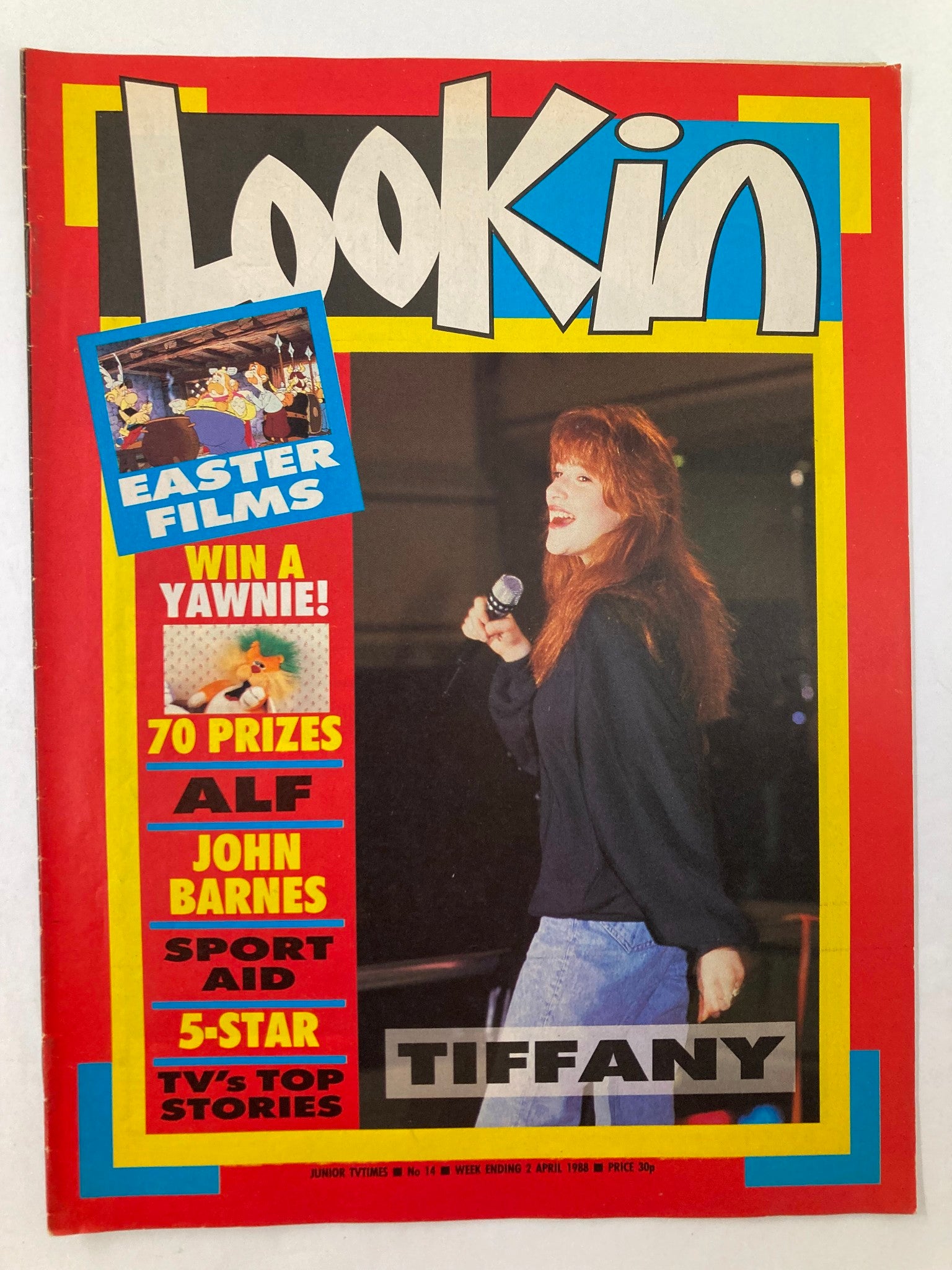 Cover of VTG Lookin Magazine 1988 No. 14 featuring Tiffany on stage, with bold text highlighting 'Easter Films', '70 Prizes', and 'TV's Top Stories'.
