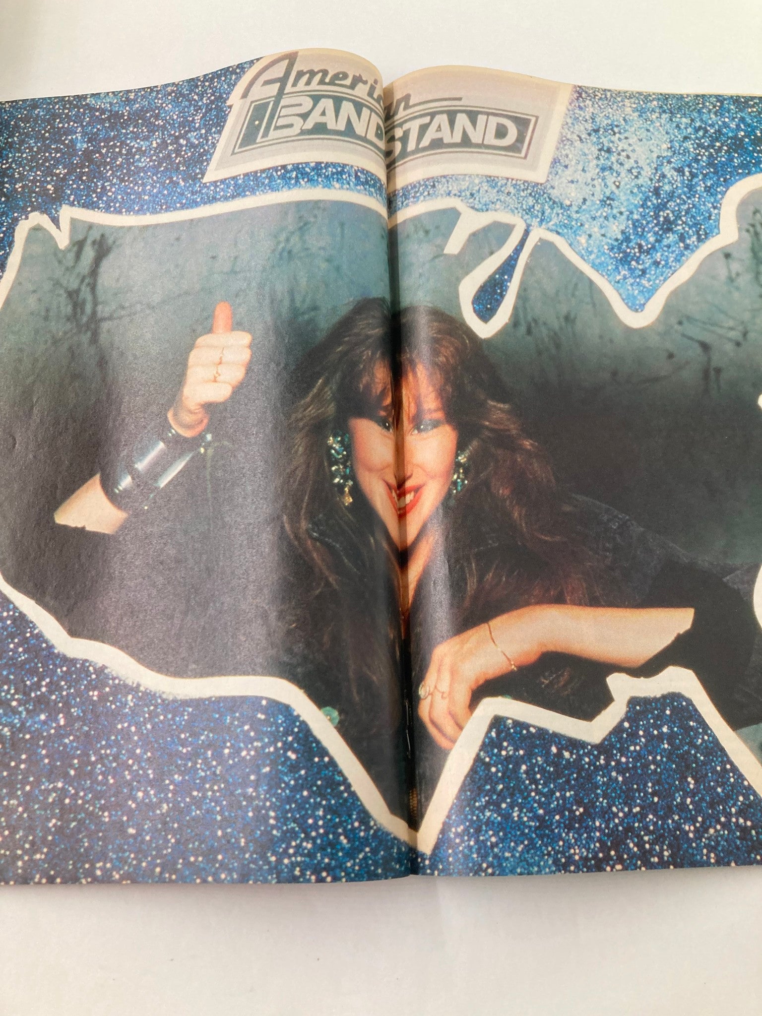 Interior spread of VTG Lookin Magazine 1988 No. 14 showcasing Tiffany with the 'American Bandstand' logo, glittery blue background and a thumbs-up gesture.