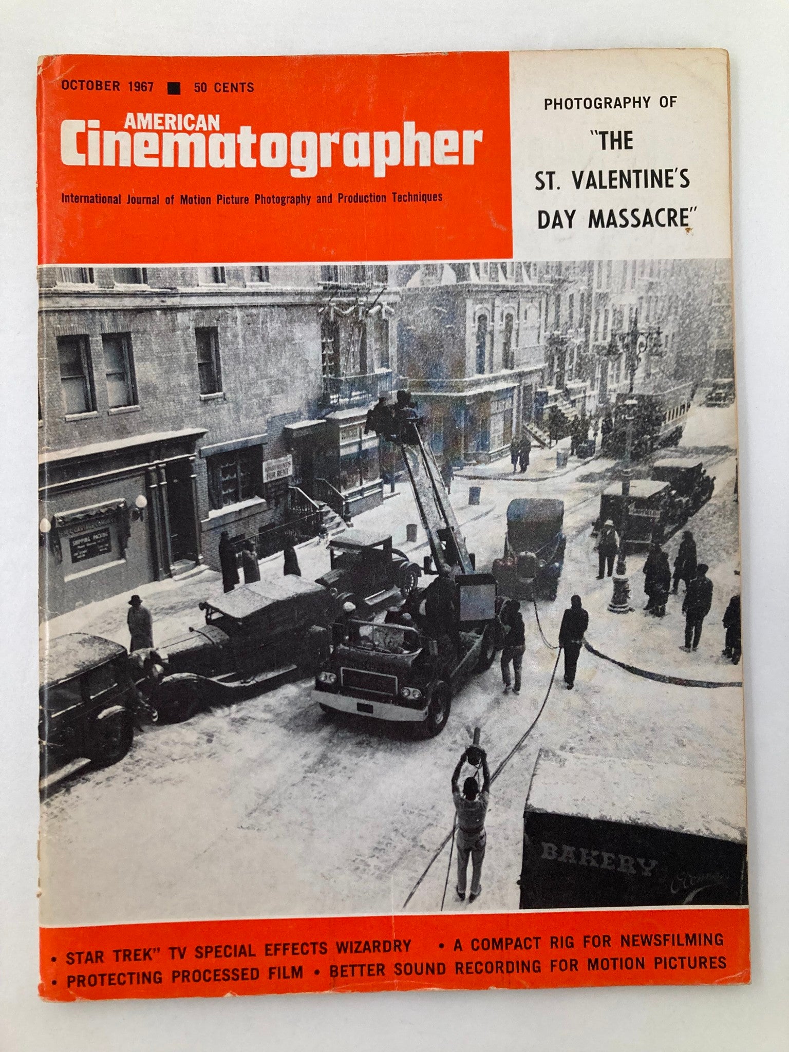 Cover of American Cinematographer Magazine, October 1967 issue, featuring the filming of The St. Valentine's Day Massacre, with insights into cinematography techniques used in the historical crime drama.