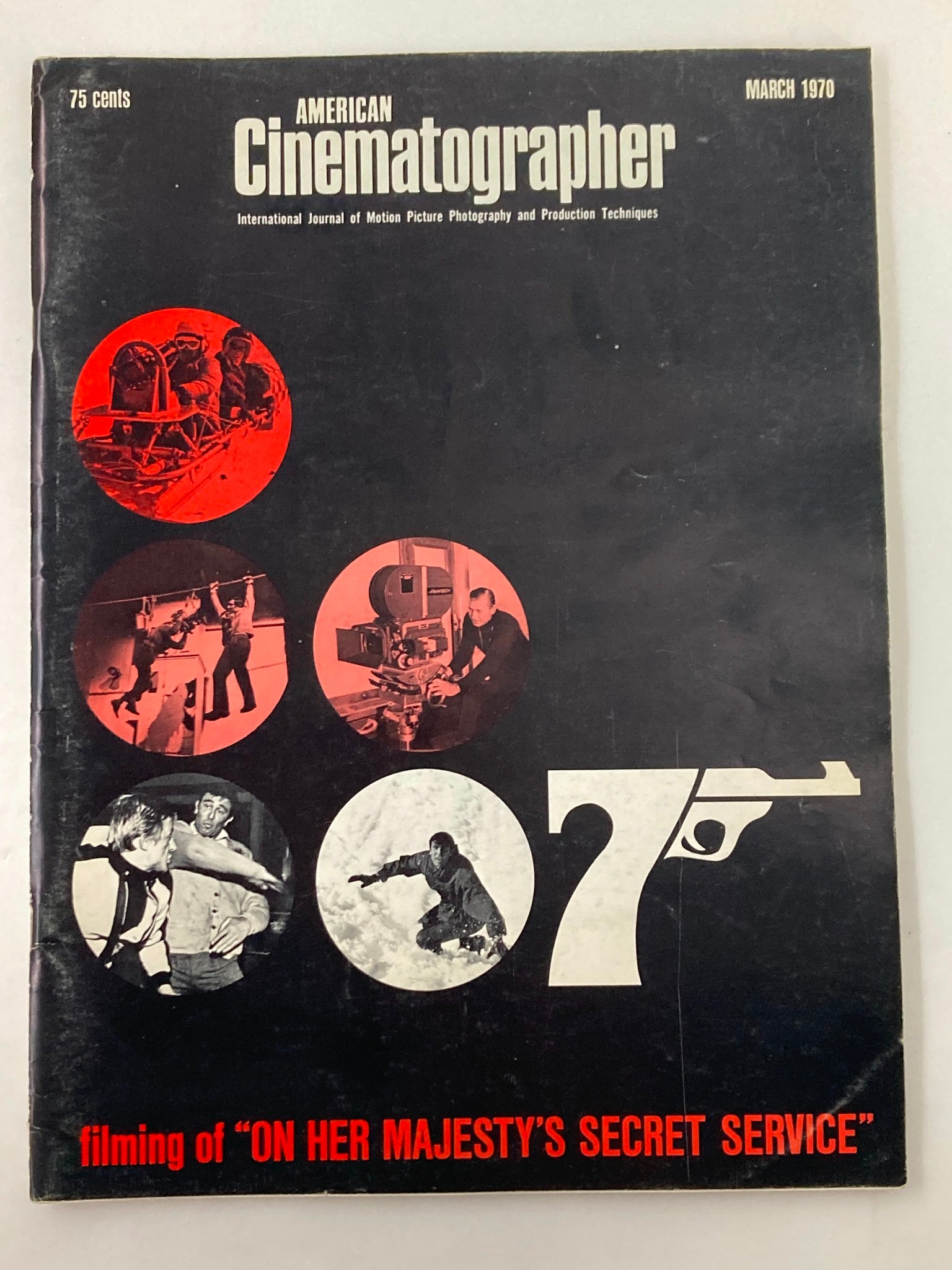 Cover of American Cinematographer Magazine March 1970 featuring the film On Her Majesty's Secret Service, showcasing cinematography insights and iconic imagery.