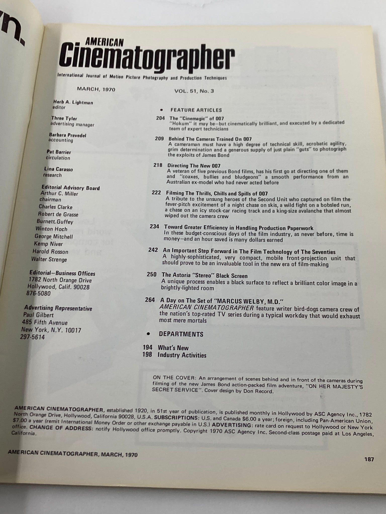 Table of contents page from American Cinematographer Magazine March 1970, detailing articles related to the film On Her Majesty's Secret Service.
