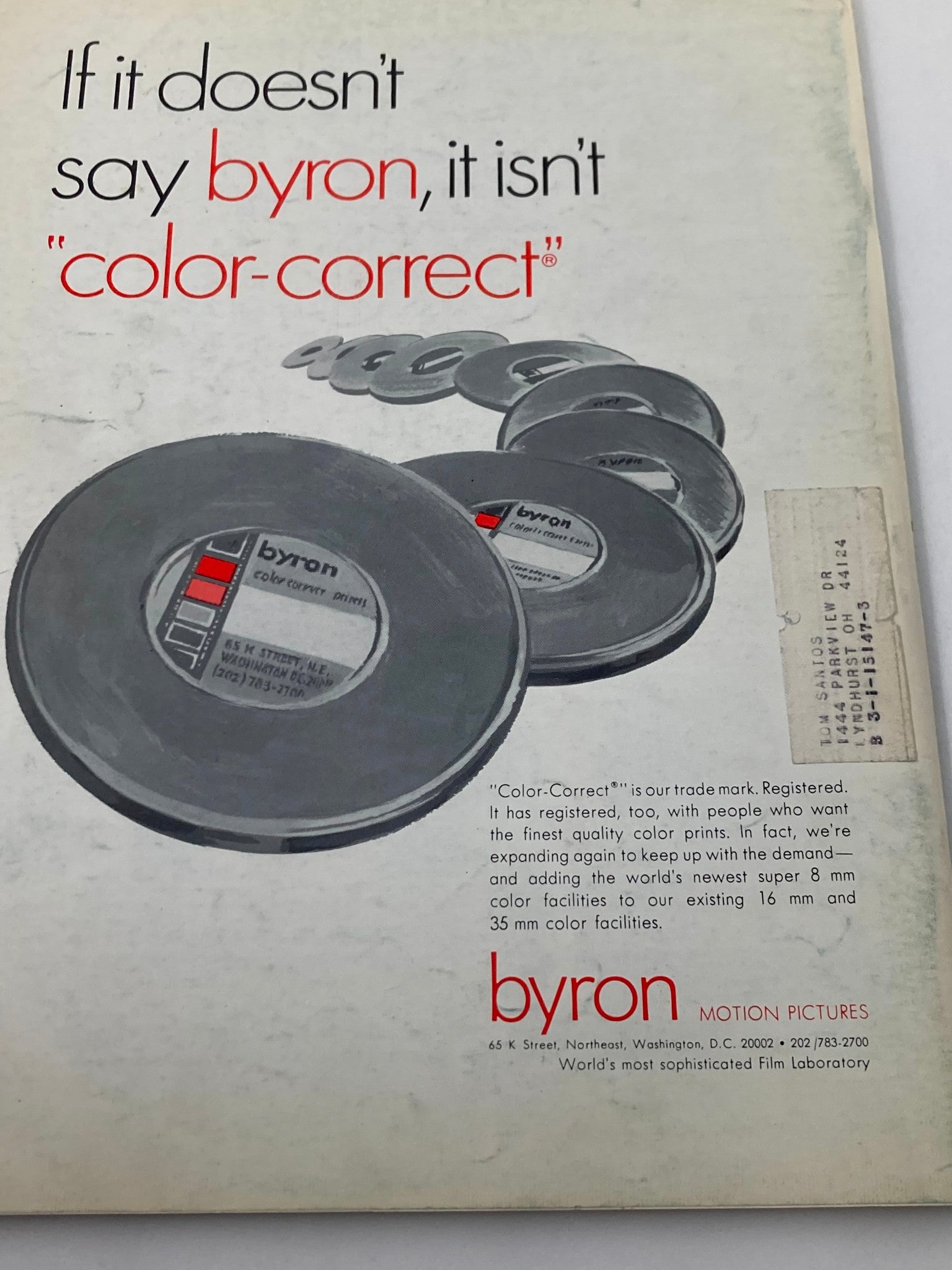 Back cover advertisement of Byron Motion Pictures in American Cinematographer Magazine March 1970, promoting color-correct film printing services.