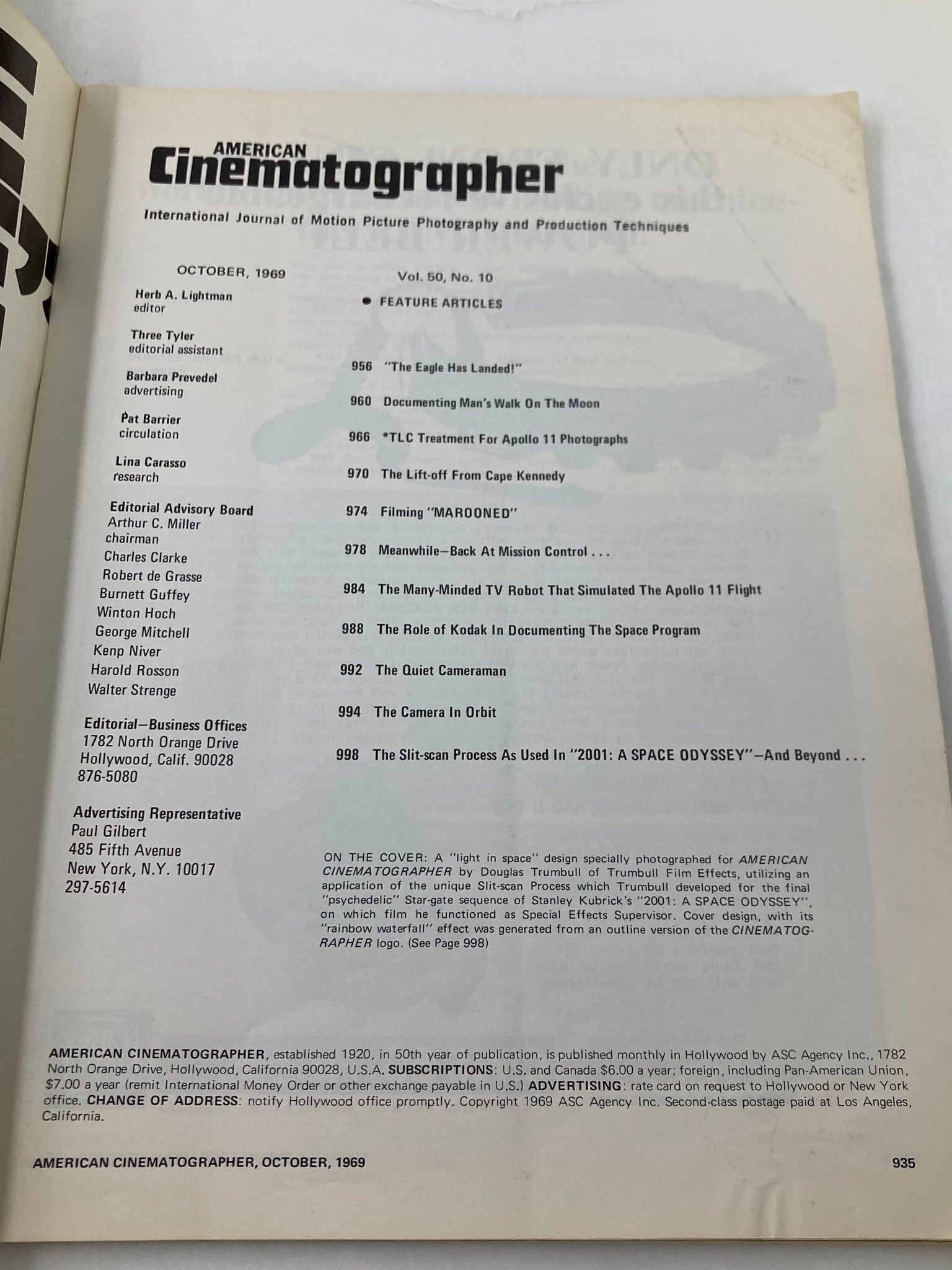 American Cinematographer Magazine October 1969 Filming Man in Space No Label