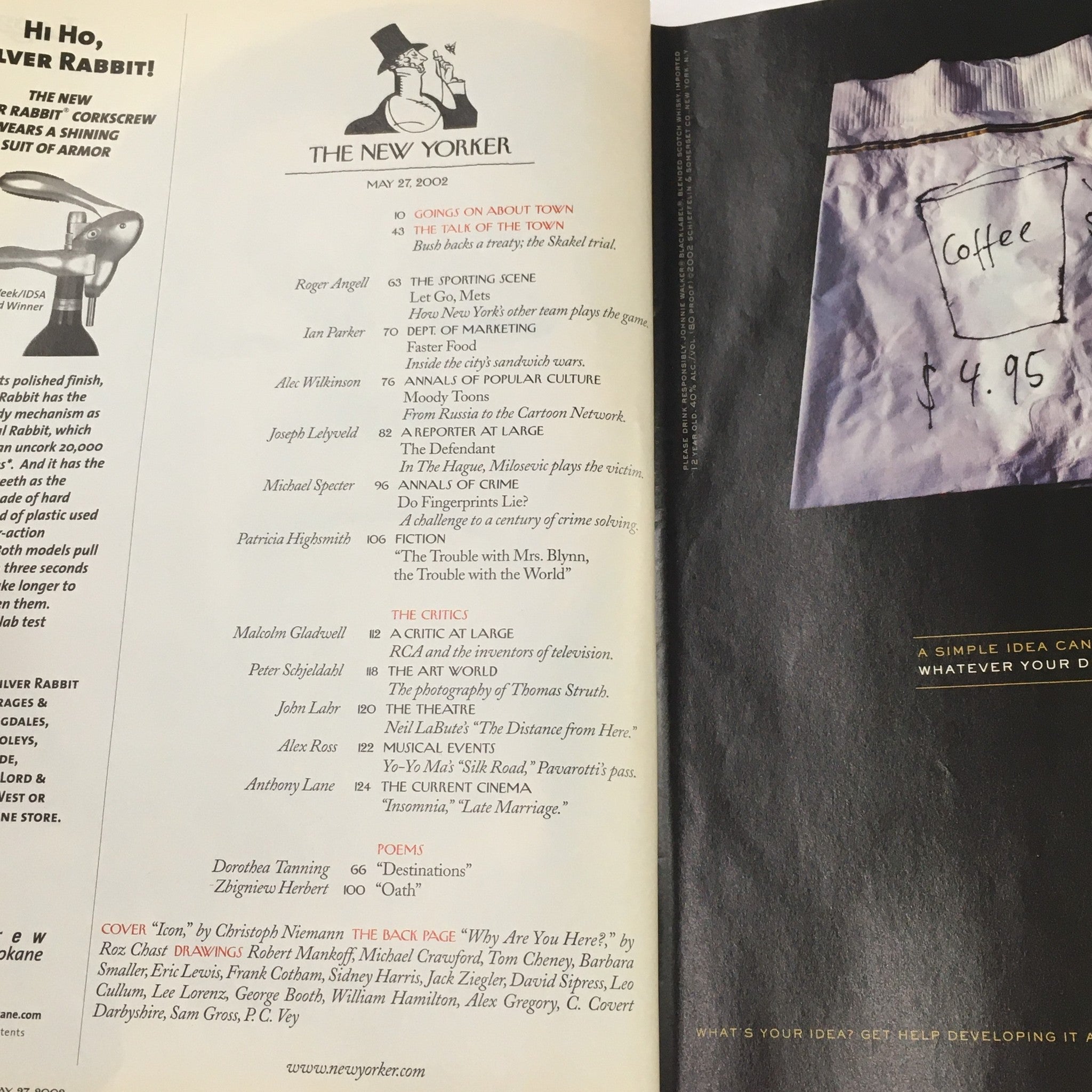 Interior page of The New Yorker Full Magazine May 27 2002 showcasing the table of contents and featured articles.