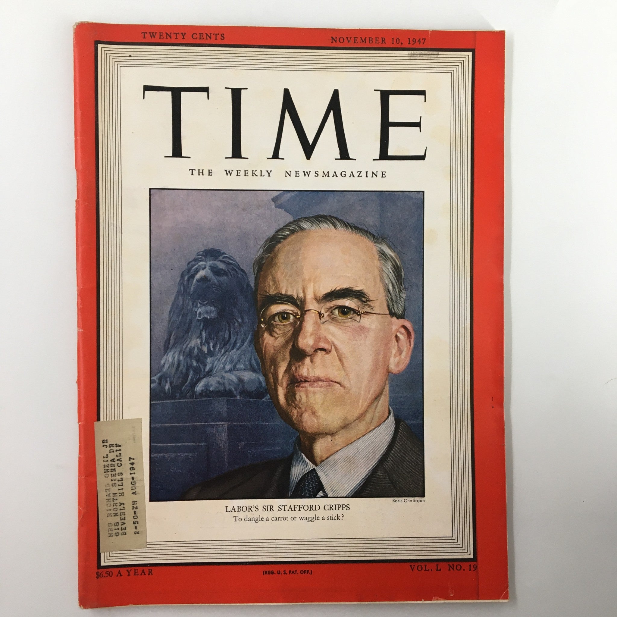 VTG Time Magazine November 10 1947 Vol. 50 No. 19 Labor's Sir Stafford Cripps