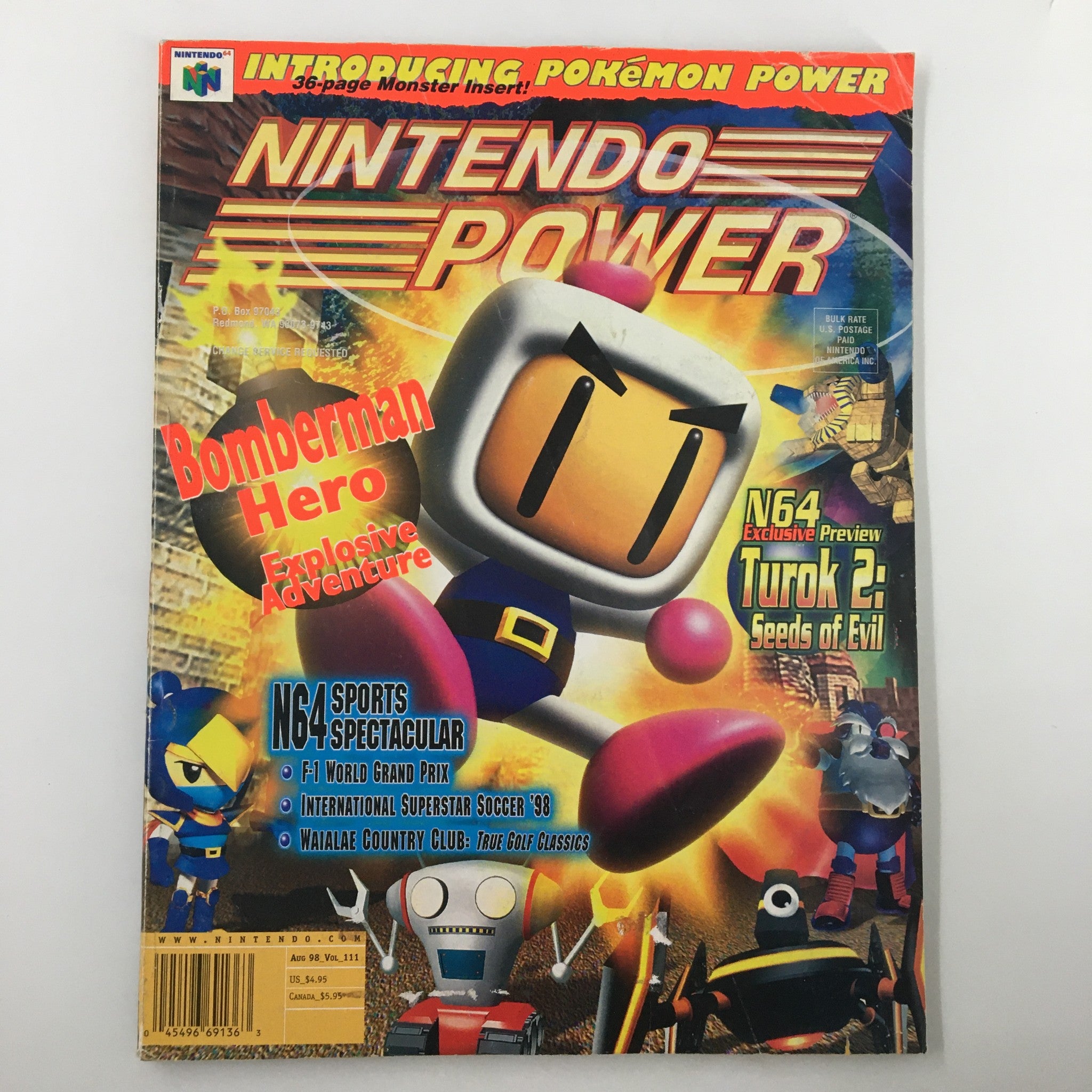 Cover of Nintendo Power Magazine, Issue #111, August 1998, featuring Bomberman Hero with the headline 'Explosive,' including a poster.